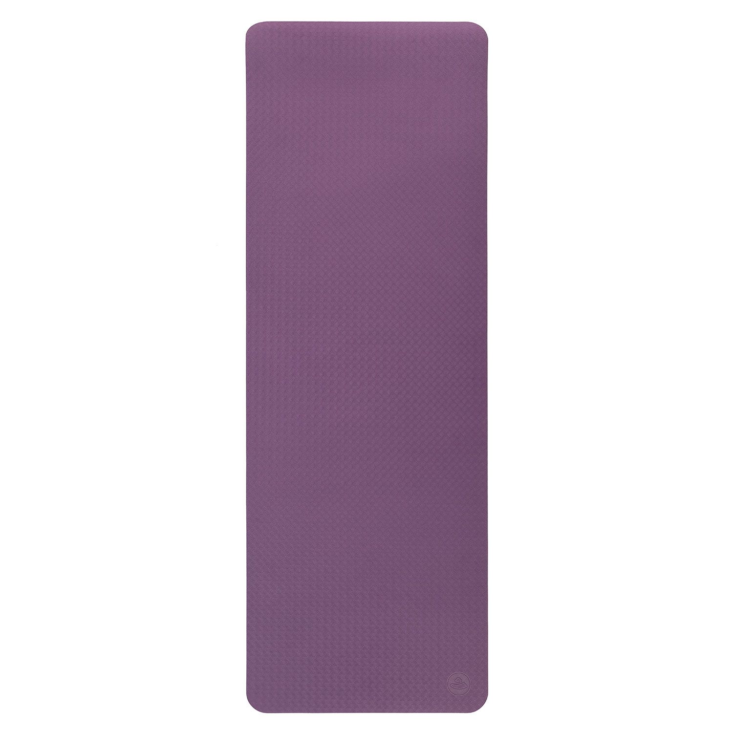 Ausgerollte, rechteckige Yogamatte in Violett. Oberseite mit Muster, Unterseite grau. Abgerundete Ecken.