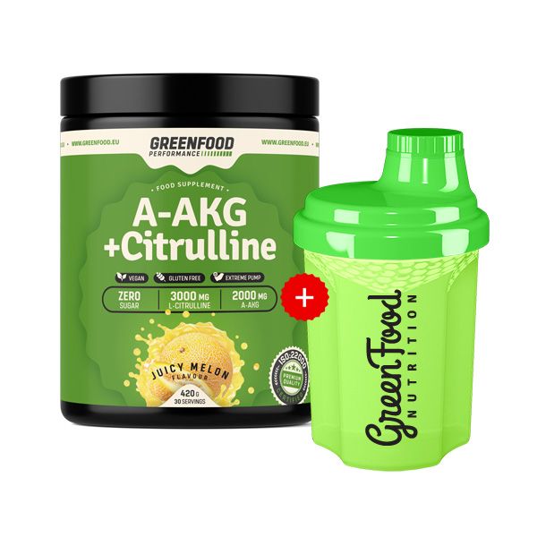 Grünes Nahrungsergänzungsmittel mit Aufschrift A-AKG + Citrulline. Daneben ein grüner Shaker mit dem Logo GreenFood Nutrition.