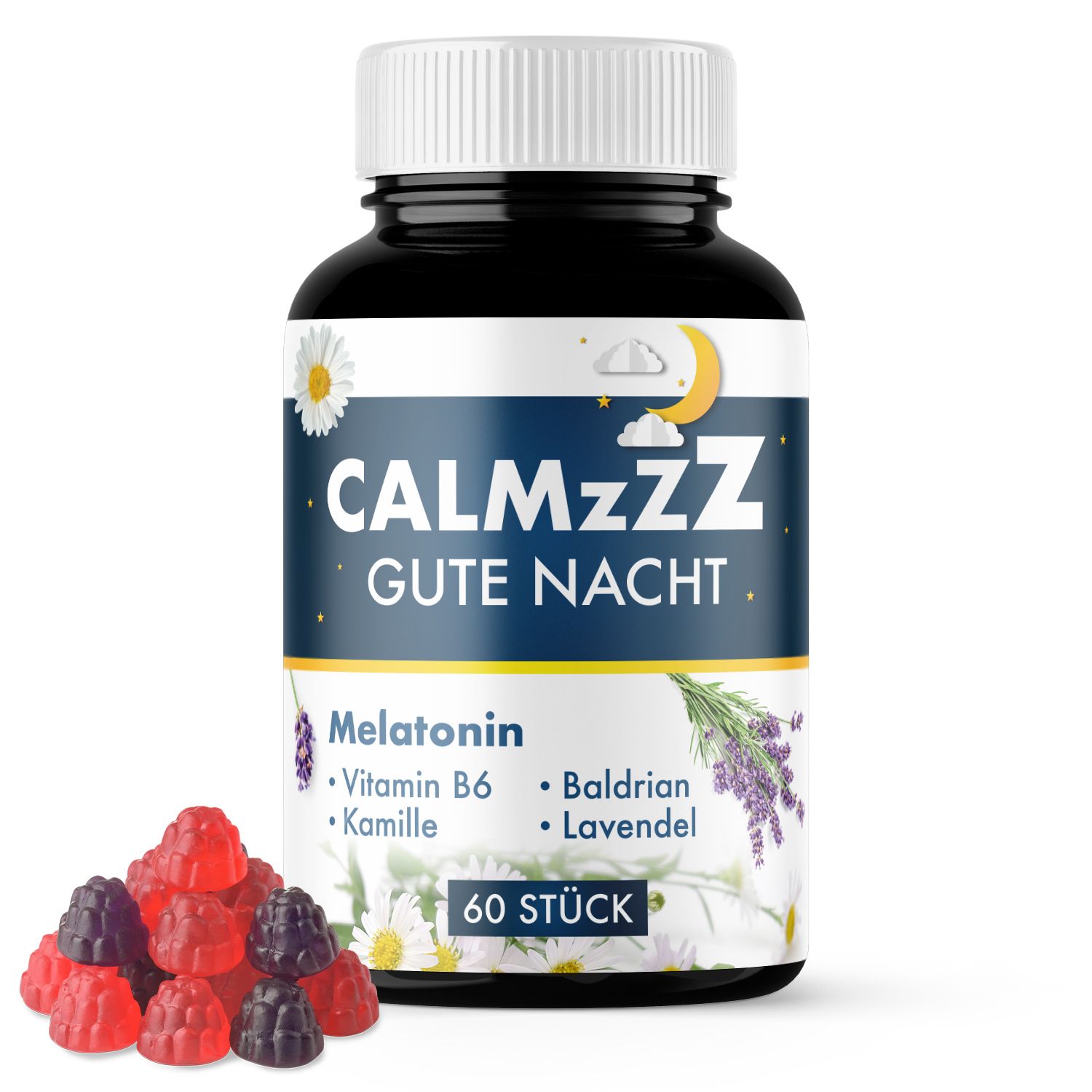 Flasche mit weißen Deckel und Etikett. Aufschrift: CALMzzz GUTE NACHT. Melatonin, Vitamin B6, Kamille, Baldrian, Lavendel. 60 Stück. Gummibärchen daneben.