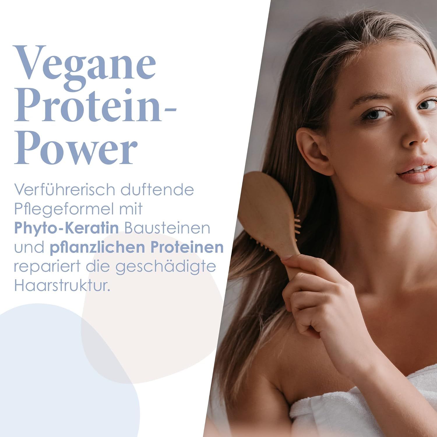 Frau kämmt sich die Haare mit einer Bürste. Text: Vegane Protein-Power. Pflegeformel mit Phyto-Keratin und pflanzlichen Proteinen repariert die Haarstruktur.