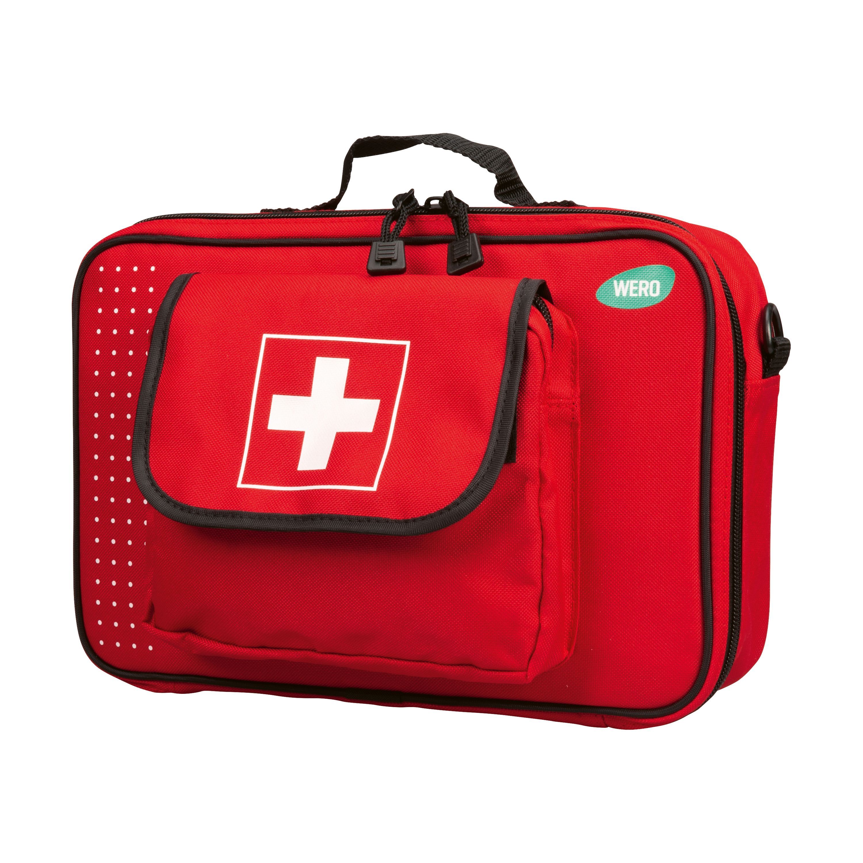 Rote Erste-Hilfe-Tasche mit Tragegriff. Weißes Kreuz auf der Front. Mit WERO-Logo. Seitlich weiße Punkte. Schwarze Reißverschlüsse.
