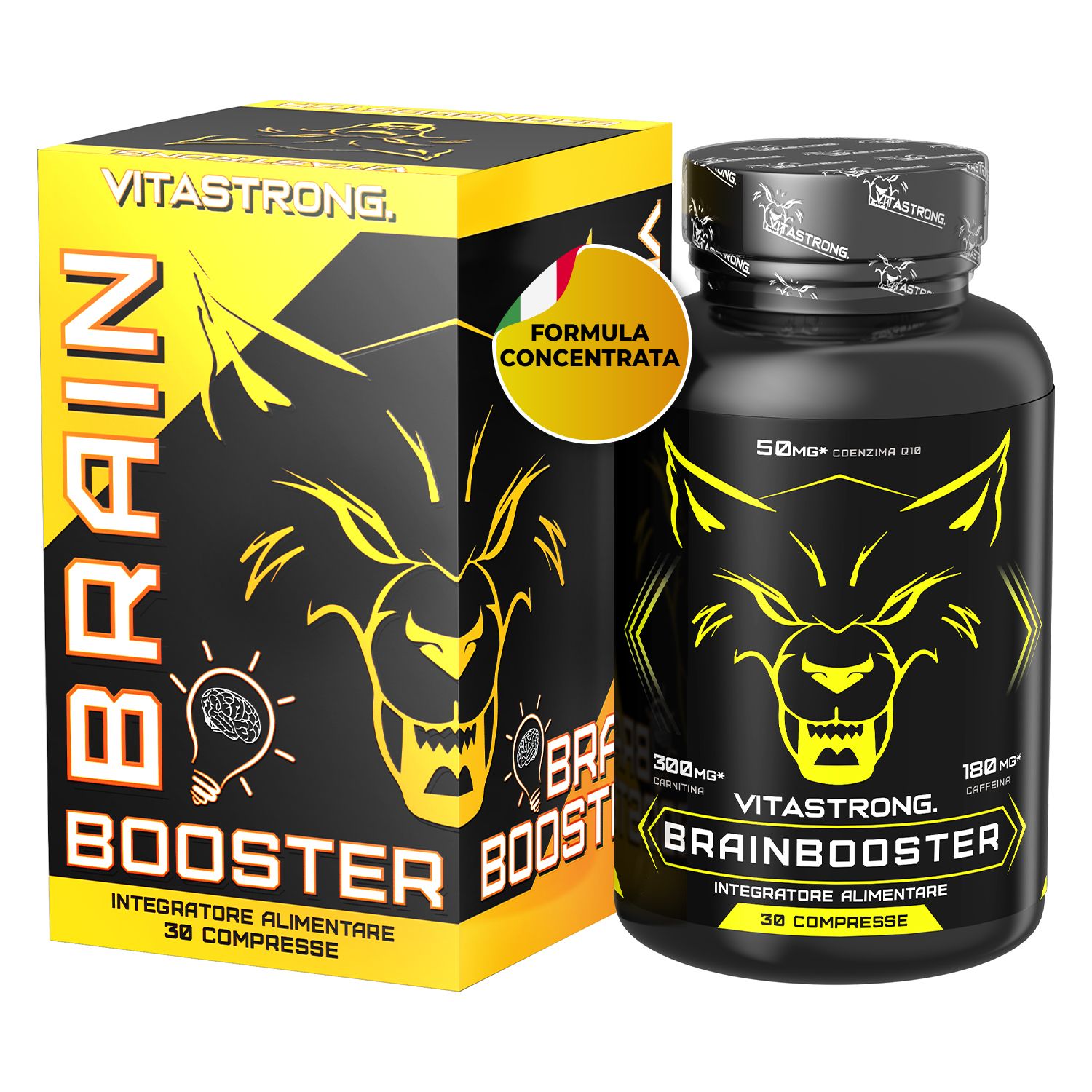 Vitastrong Brainbooster, 30 Tabletten. Schwarze Flasche und Schachtel mit gelbem Design. Wolf-Logo.