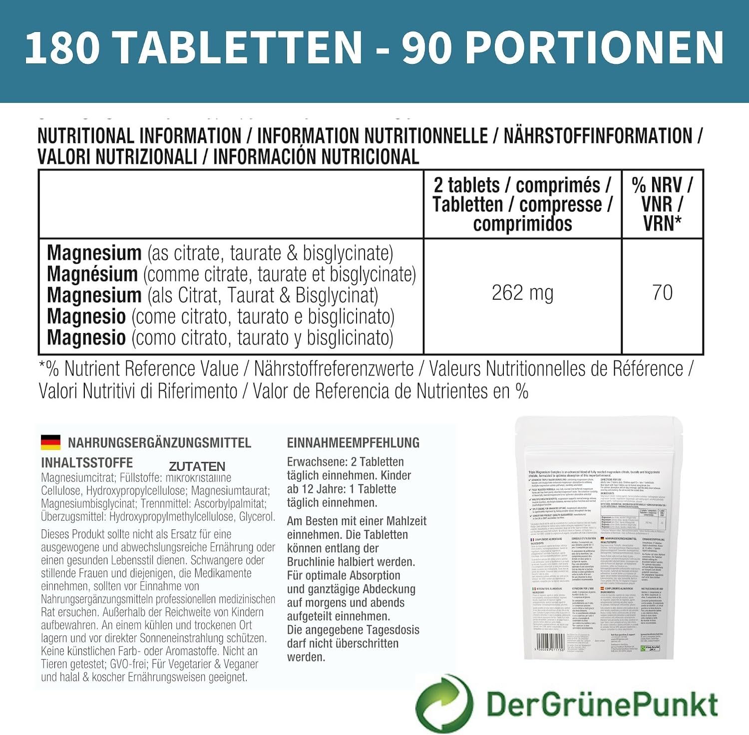 Igennus Magnesium Komplex Beutel mit 180 Tabletten.