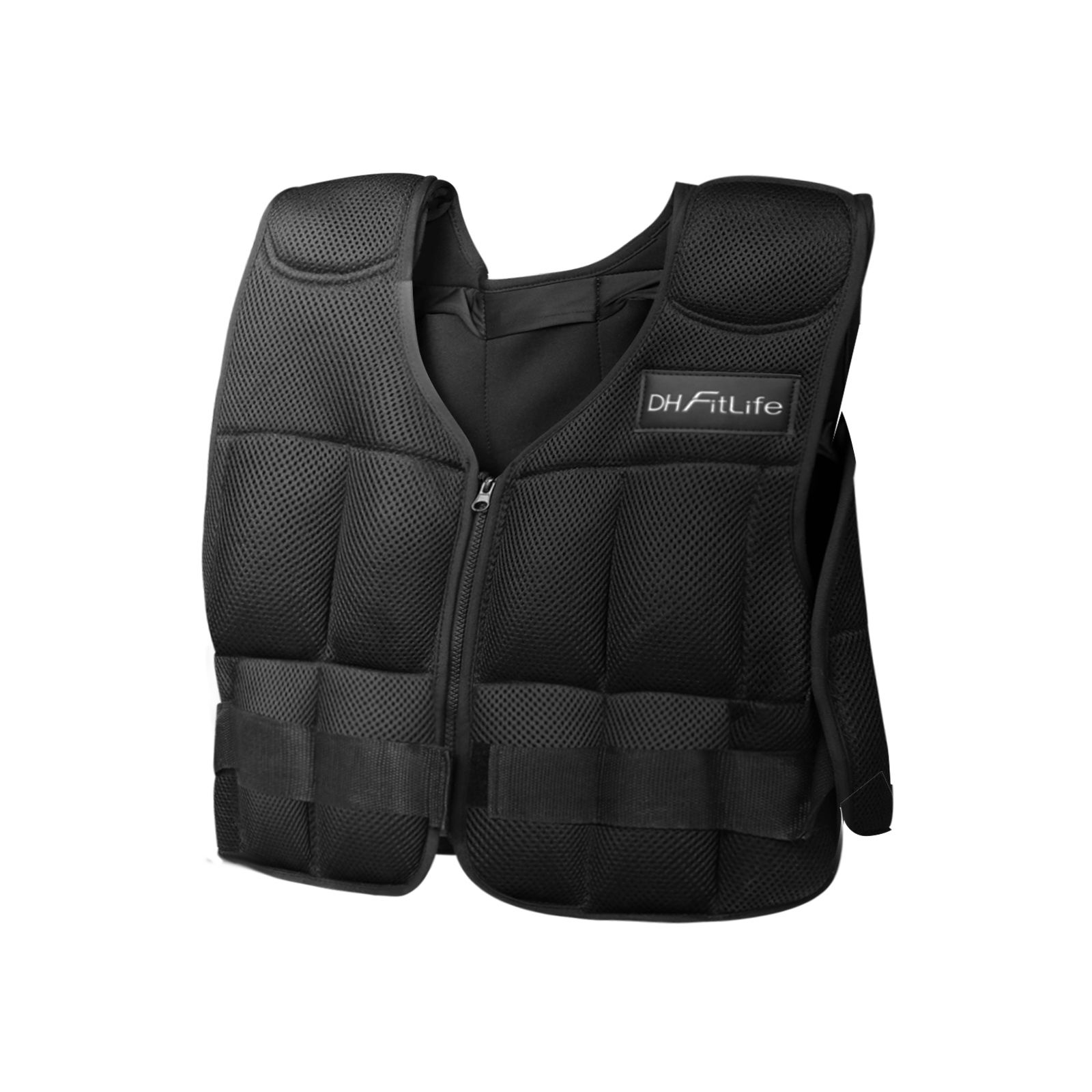 Schwarze DH FitLife Gewichtsweste mit Reißverschluss und Mesh-Material. Das Logo ist auf der Brust sichtbar.