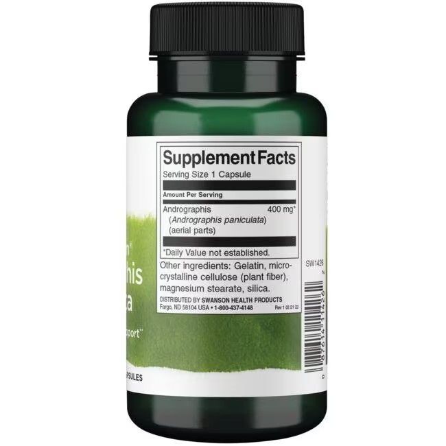 Rückseite einer grünen Kapsel mit weißem Etikett: SWANSON Andrographis Paniculata, Nährwertangaben, 400 mg.