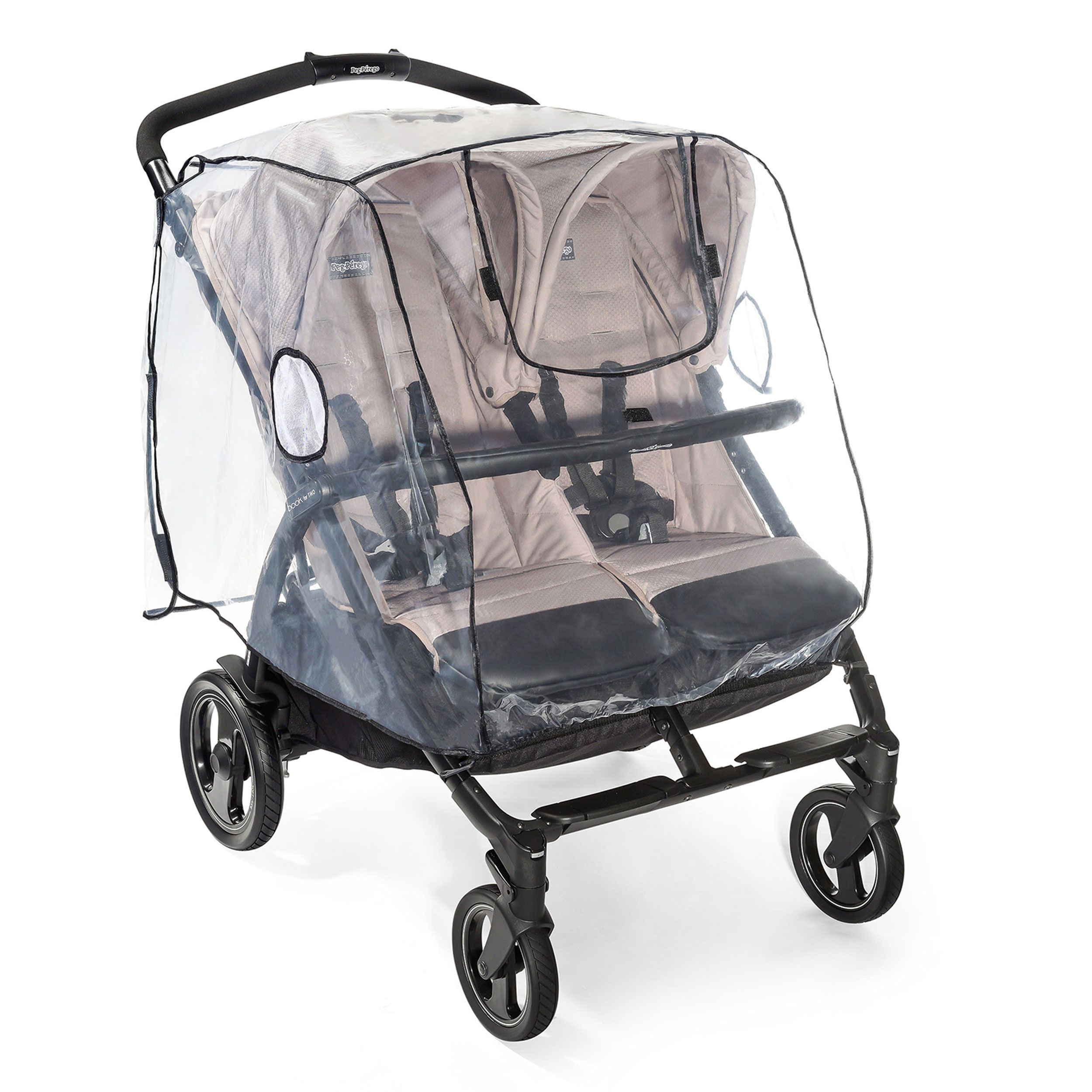 Zwillingskinderwagen mit Regenschutz. Transparente Abdeckung, beiger Sitz.
