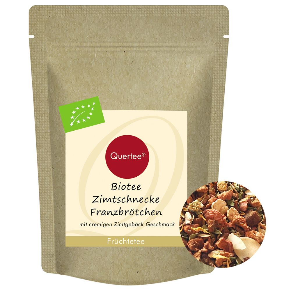Quertee®-Früchtetee in brauner Verpackung. Aufdruck mit Produktname und Bio-Siegel. Abbildung der Tee-Zusammensetzung.