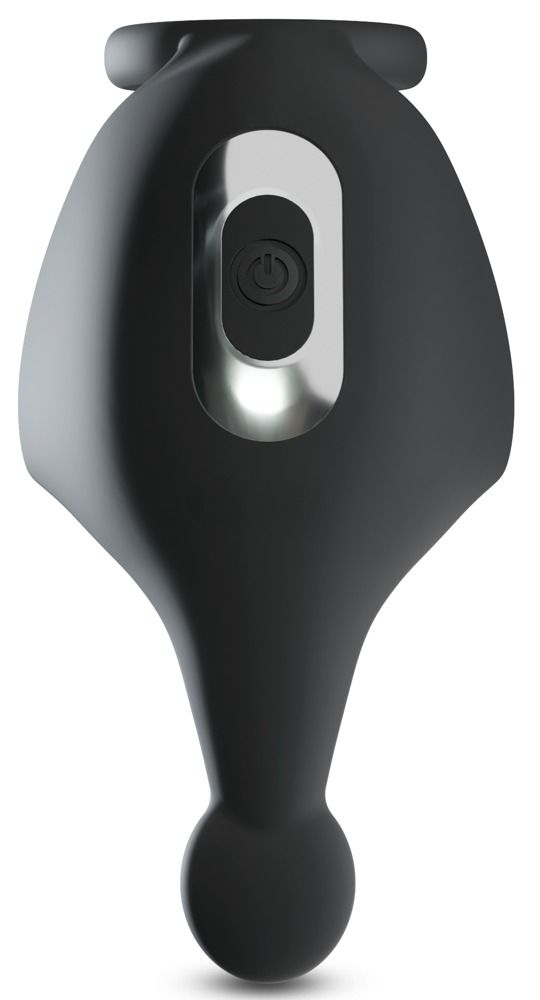 Schwarzer Penis- und Hodenring mit einer ovalen Form. Das Produkt hat eine runde Form und eine geschwungene Form. Es ist aus einem weichen Material gefertigt.