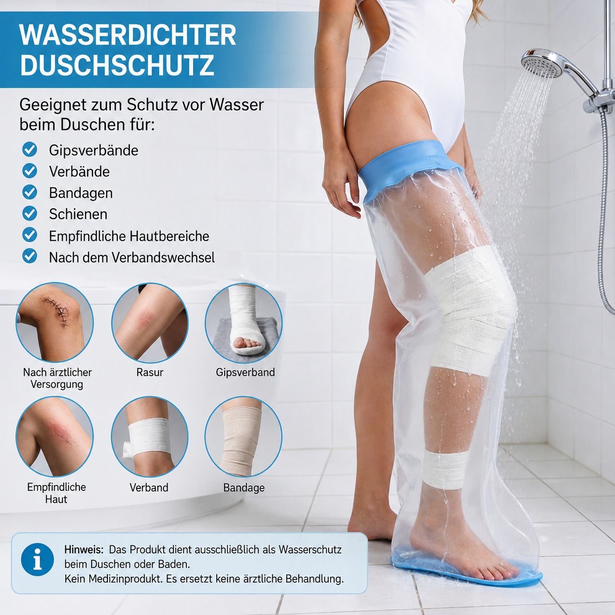 Wasserdichter Duschschutz für Beine mit Gipsverband, Verband oder Hautschutz.