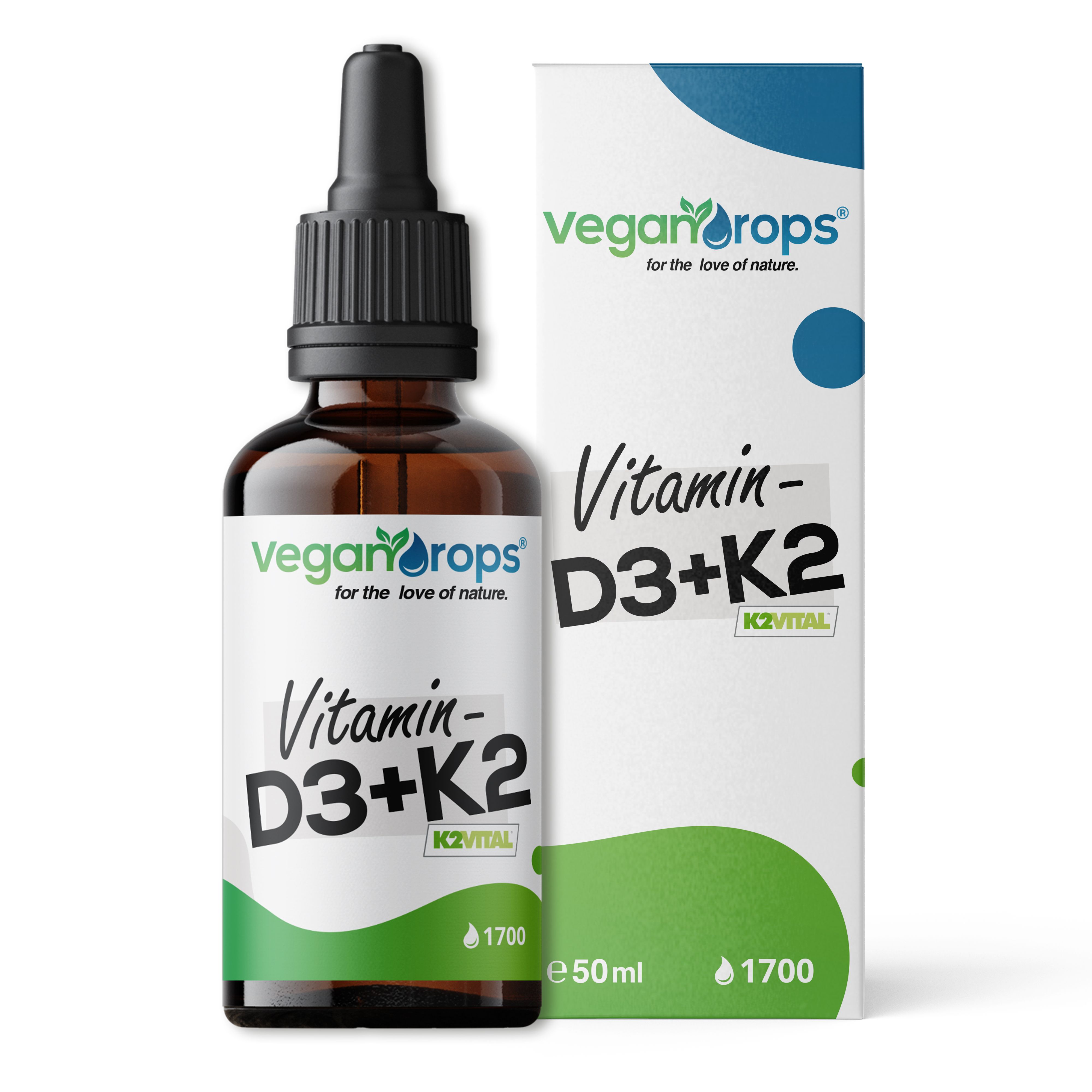 Braune Glasflasche mit Pipette und Kartonverpackung für Vegan Drops Vitamin D3+K2, 50ml.