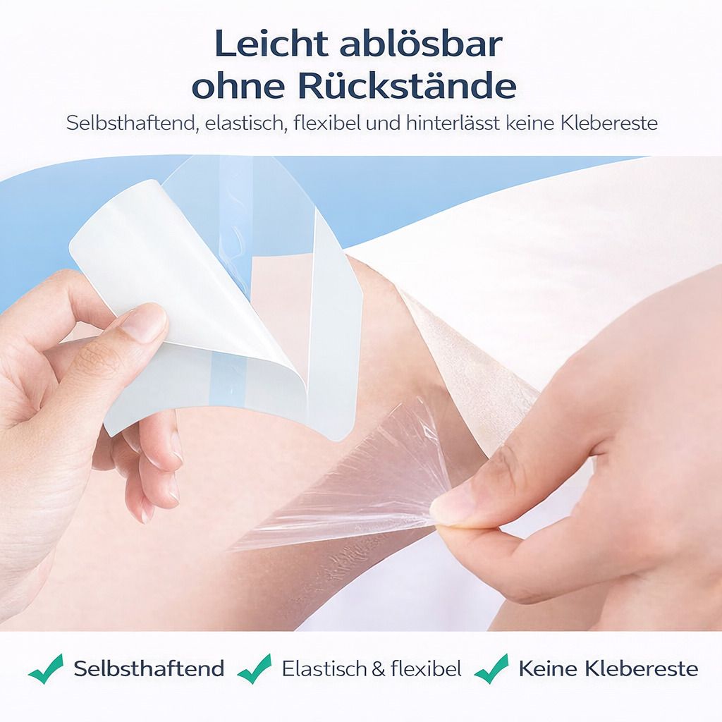 Hände ziehen transparente Pflaster von Haut. Text: Leicht ablösbar ohne Rückstände. Selbsthaftend, elastisch, flexibel, keine Klebereste.
