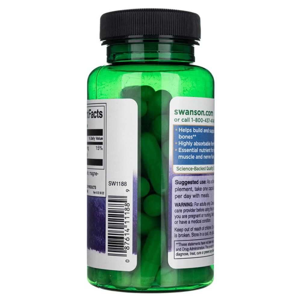 Seitenansicht der SWANSON Calcium Citrate Flasche mit Nährwertangaben und Anwendungshinweisen.