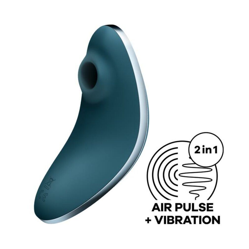 Blaues Wellness-Produkt mit silberner Umrandung. Mit Air Pulse + Vibration. 2in1-Funktion.