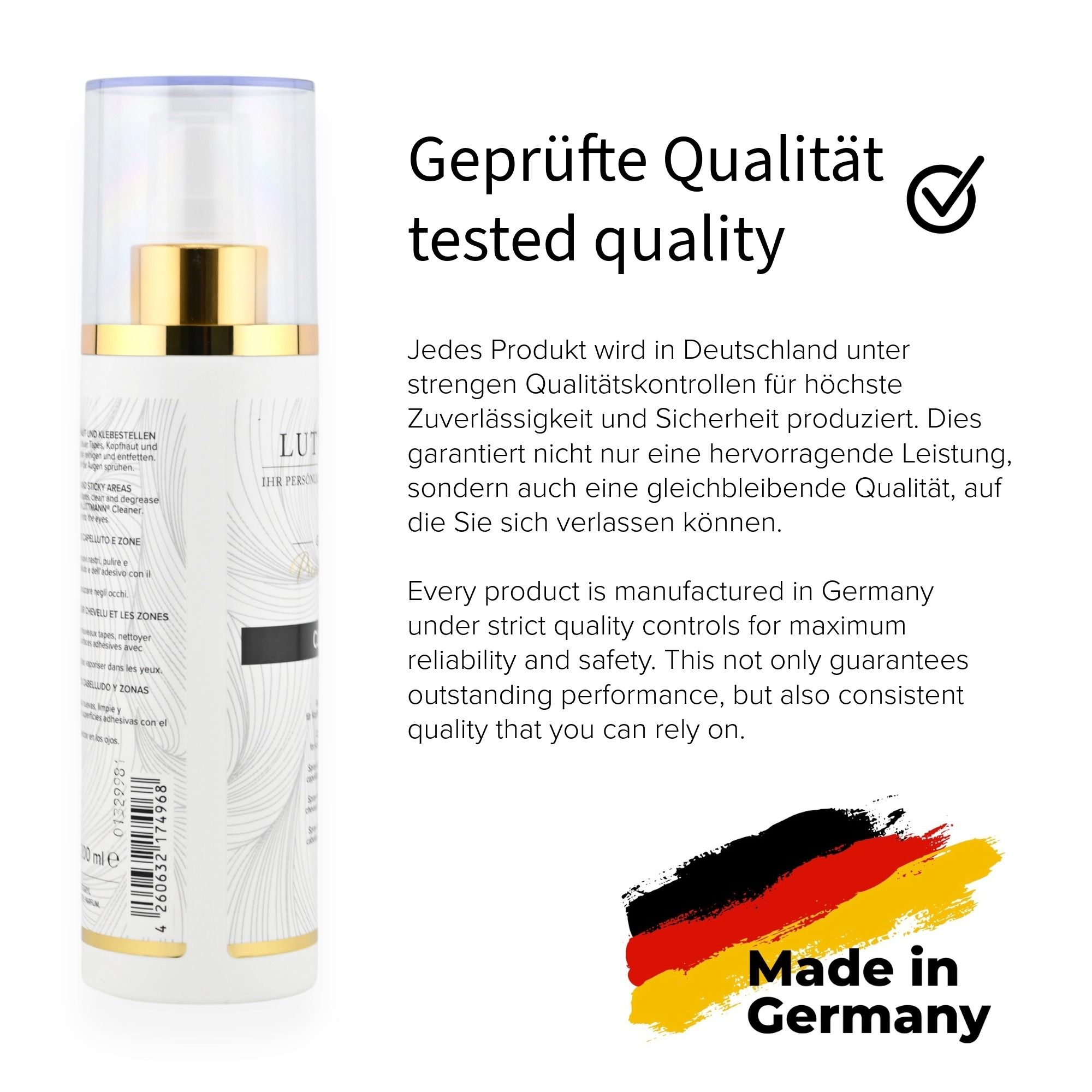 LUTTMANN® Cleaner-Spray. Text: Geprüfte Qualität, hergestellt in Deutschland. Deutsche Flagge. Produktinformationen.