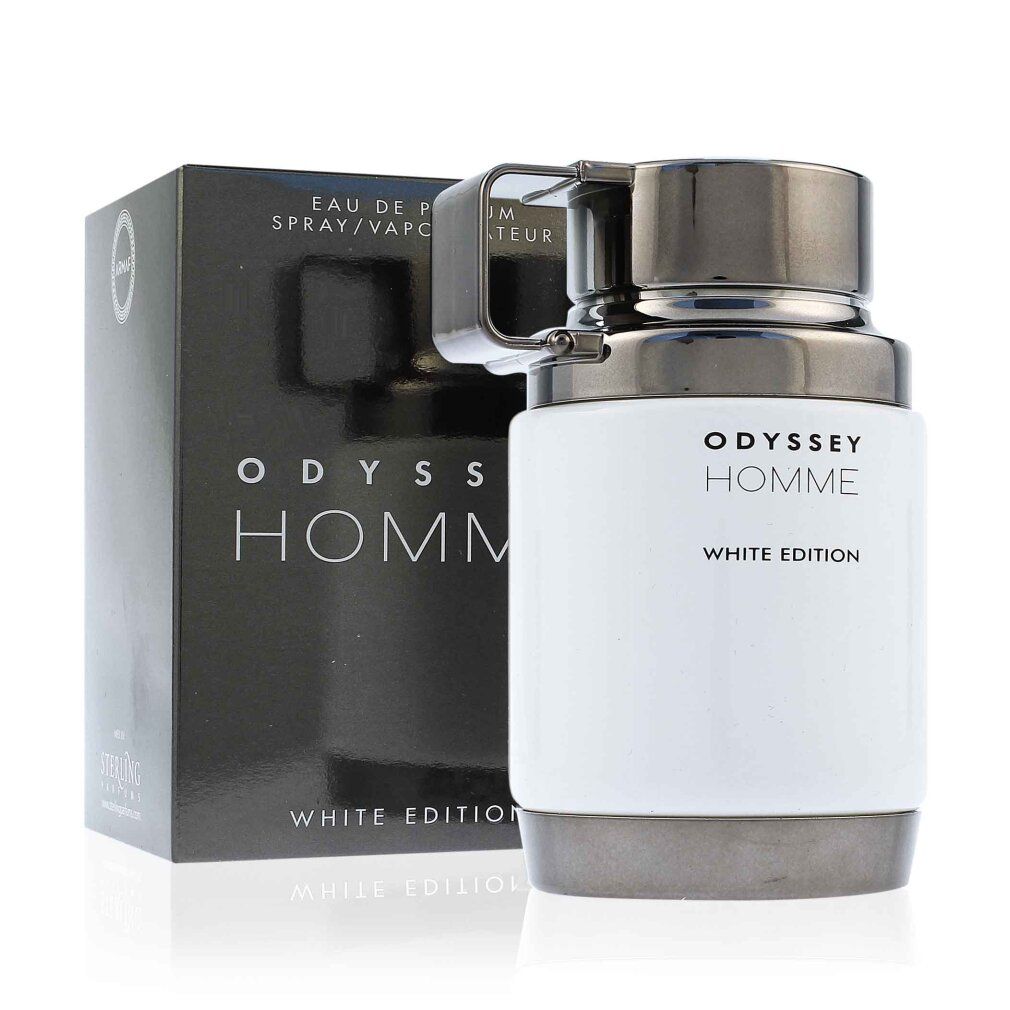 Weißer Flakon mit schwarzem Deckel und Griff, neben einer schwarzen Schachtel. Aufschrift: Odyssey Homme White Edition. Eau de Parfum Spray.