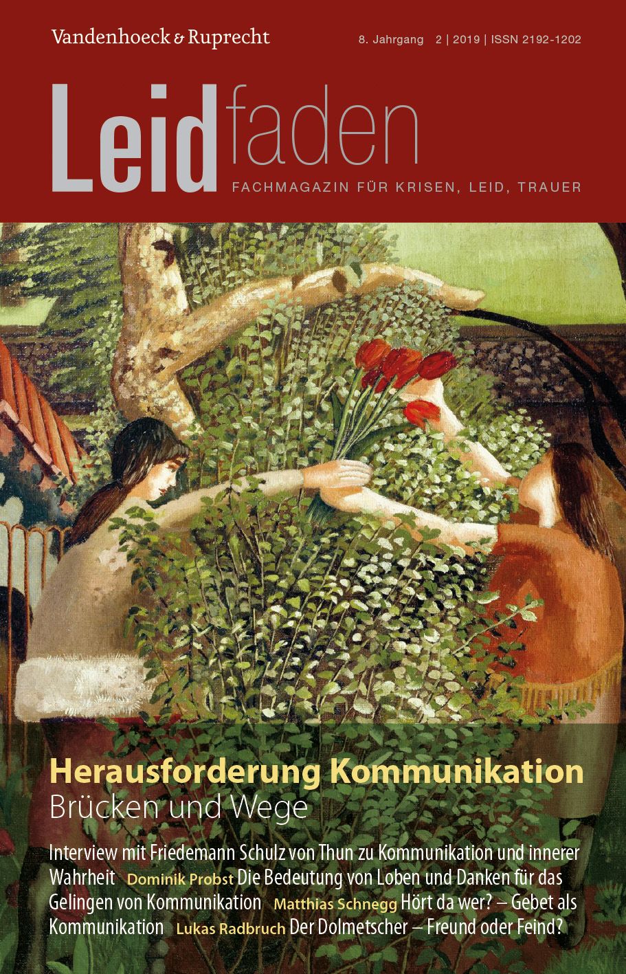 Zeitschrift "Leidfaden". Titel: Herausforderung Kommunikation – Brücken und Wege. Cover mit Gemälde von Personen, die Blumen austauschen.