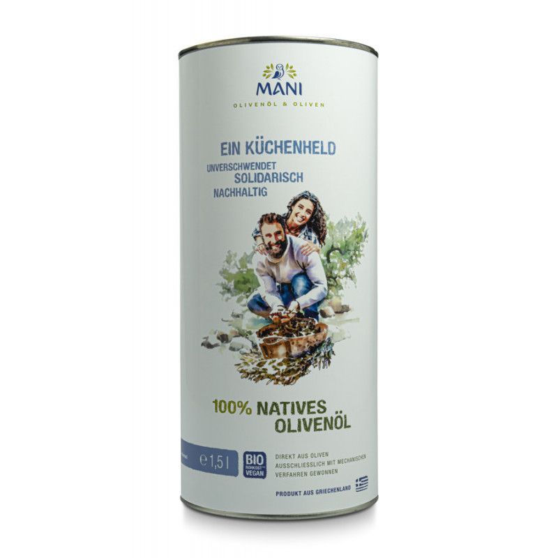 Zylindrische Dose mit Olivenöl. Aufschrift: 100% natives Olivenöl, Bio. Abbildung eines Paares.