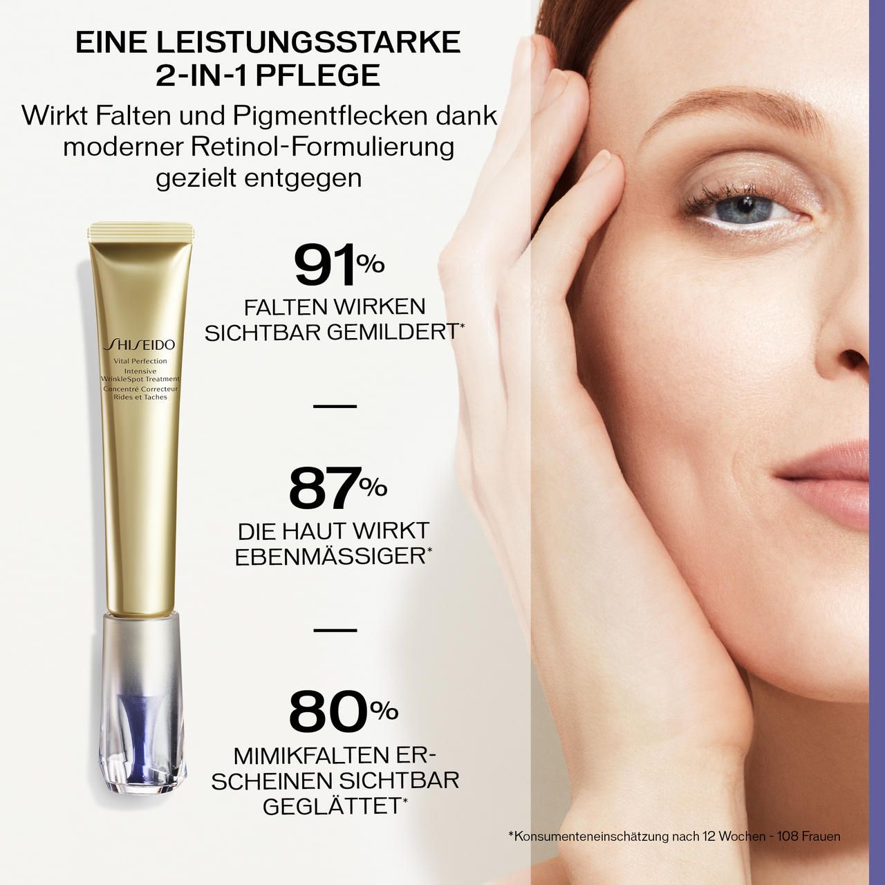 Produkt neben einer Frau. Text: 91% Falten wirken sichtbar gemildert, 87% Haut wirkt ebenmäßiger, 80% Mimikfalten geglättet.