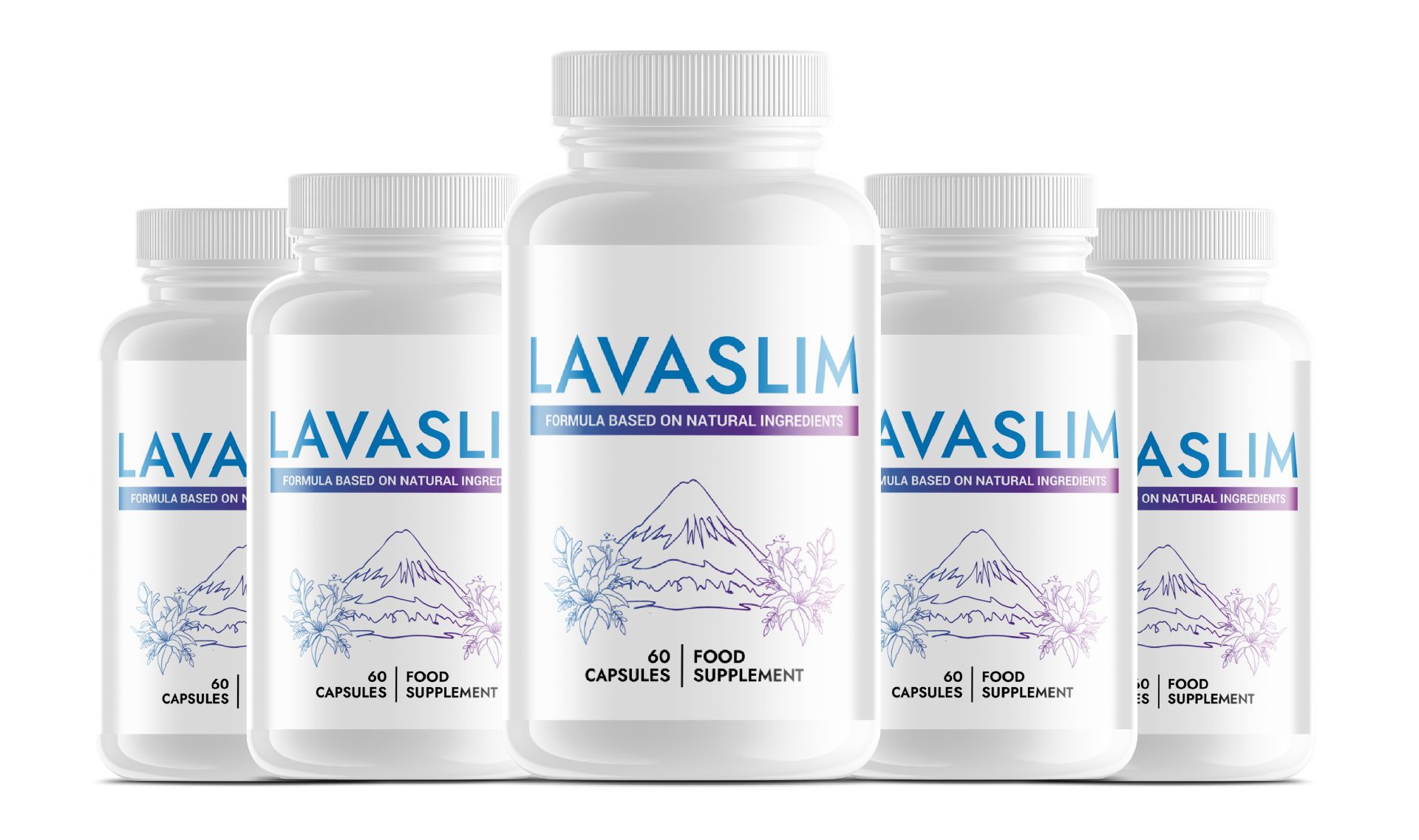 Fünf weiße Flaschen mit "LAVASLIM"-Etikett. Aufschrift: "FORMULA BASED ON NATURAL INGREDIENTS". Abbildung eines Berges und Blumen. 60 Kapseln.