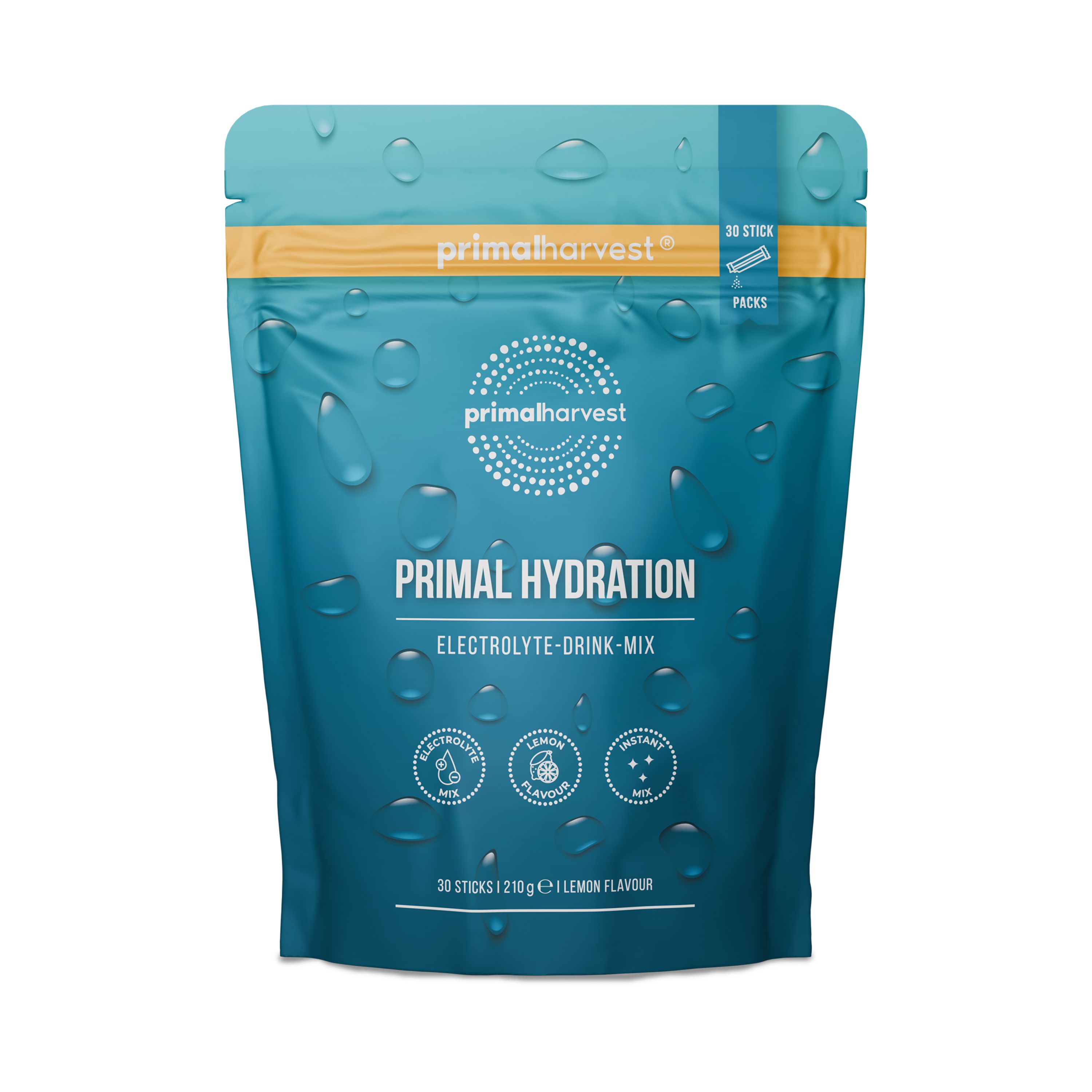 Beutel mit Primal Hydration Elektrolyte-Drink-Mix. Blaue und gelbe Verpackung mit Produktnamen und Logos. 30 Sticks.