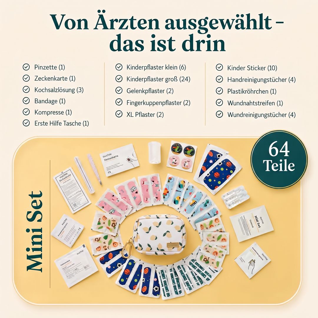 Inhalt des ouchie Mini Erste-Hilfe-Sets: Pflaster, Verbandszeug, Pinzette und mehr.