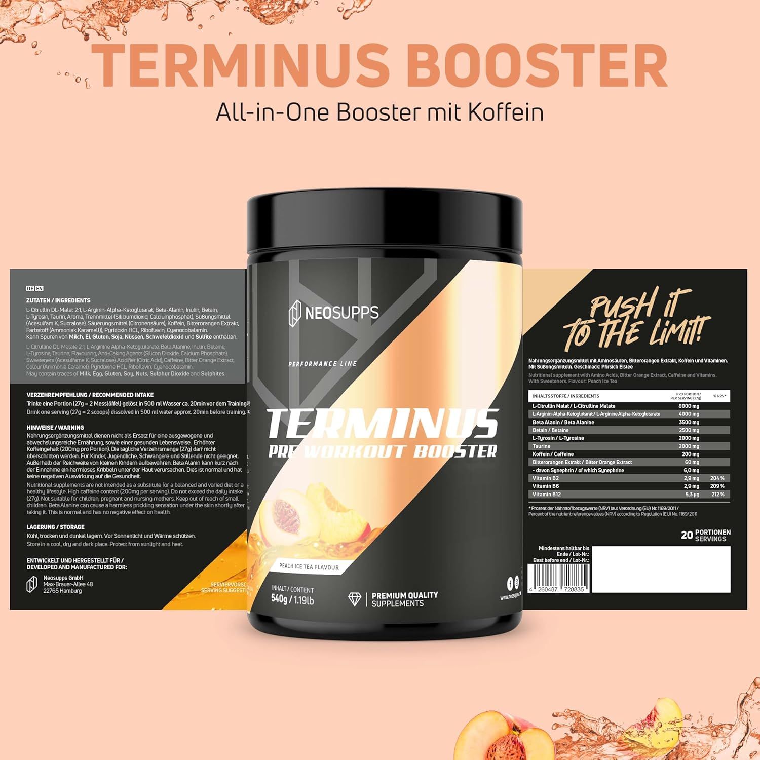 Schwarze Dose mit goldfarbenem Etikett. Aufschrift: TERMINUS Pre Workout Booster. Marke: NEOSUPPS. Inhaltsstoff- und Nährwertangaben.