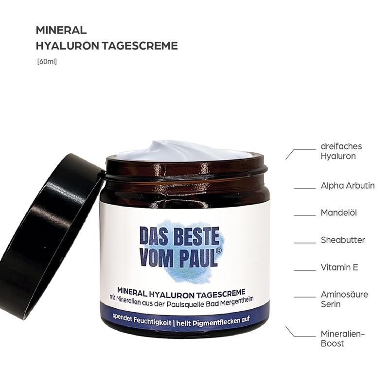 Braune Glascreme mit schwarzem Deckel. Text: Das Beste von Paul. Mineral Hyaluron Tagescreme. Inhaltsstoffe wie Hyaluron, Sheabutter.