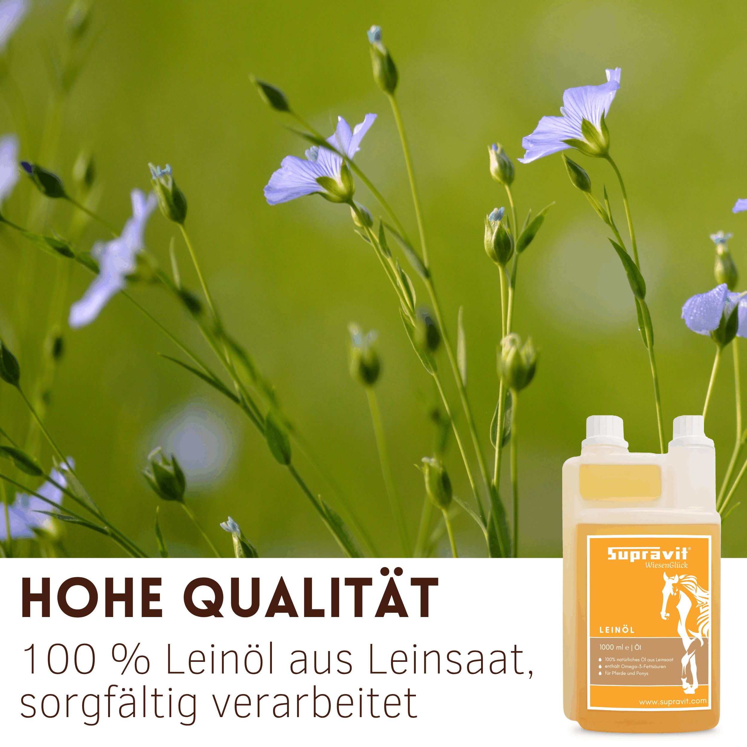 Blühende Leinpflanzen neben Produktflasche. Flasche mit Etikett: Supravit Leinöl. Text: Hohe Qualität, 100% Leinöl aus Leinsaat.