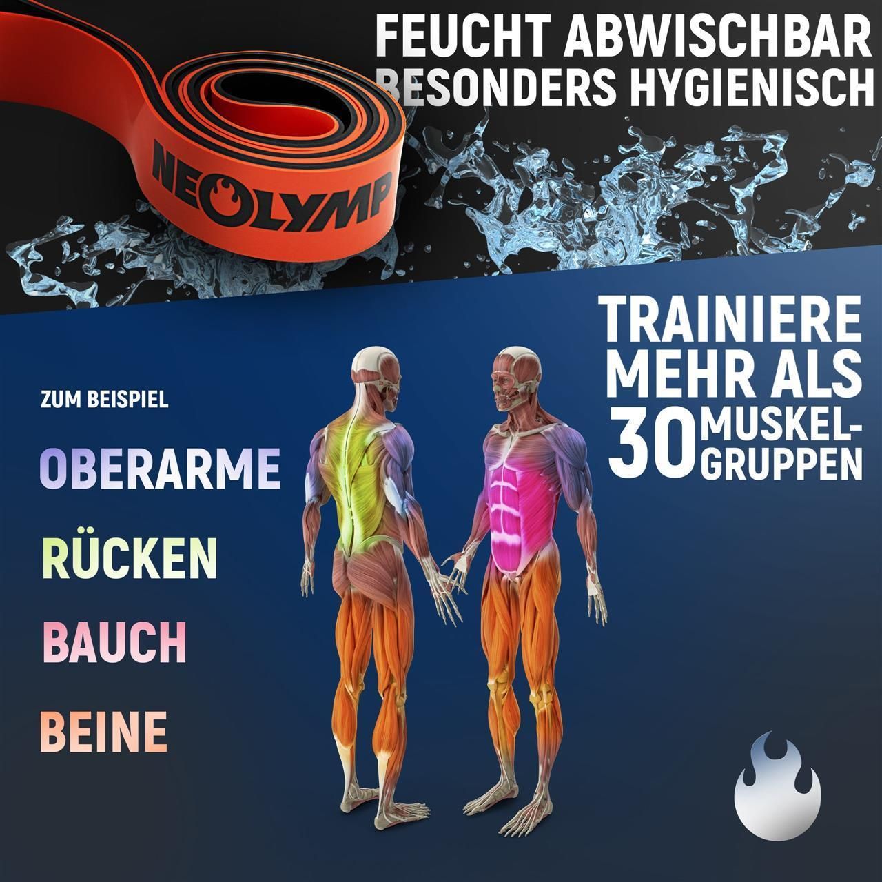 Orangefarbenes Widerstandsband, Text: FEUCHT ABWISCHBAR, TRAINIERE MEHR ALS 30 MUSKELGRUPPEN. Anatomisches Modell.
