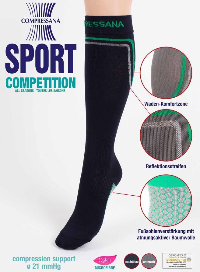 Werbebild für Kompressionsstrümpfe. Produktname: COMPRESSANA Sport Competition. Details: Waden-Komfortzone, Reflektionsstreifen, atmungsaktive Sohle.