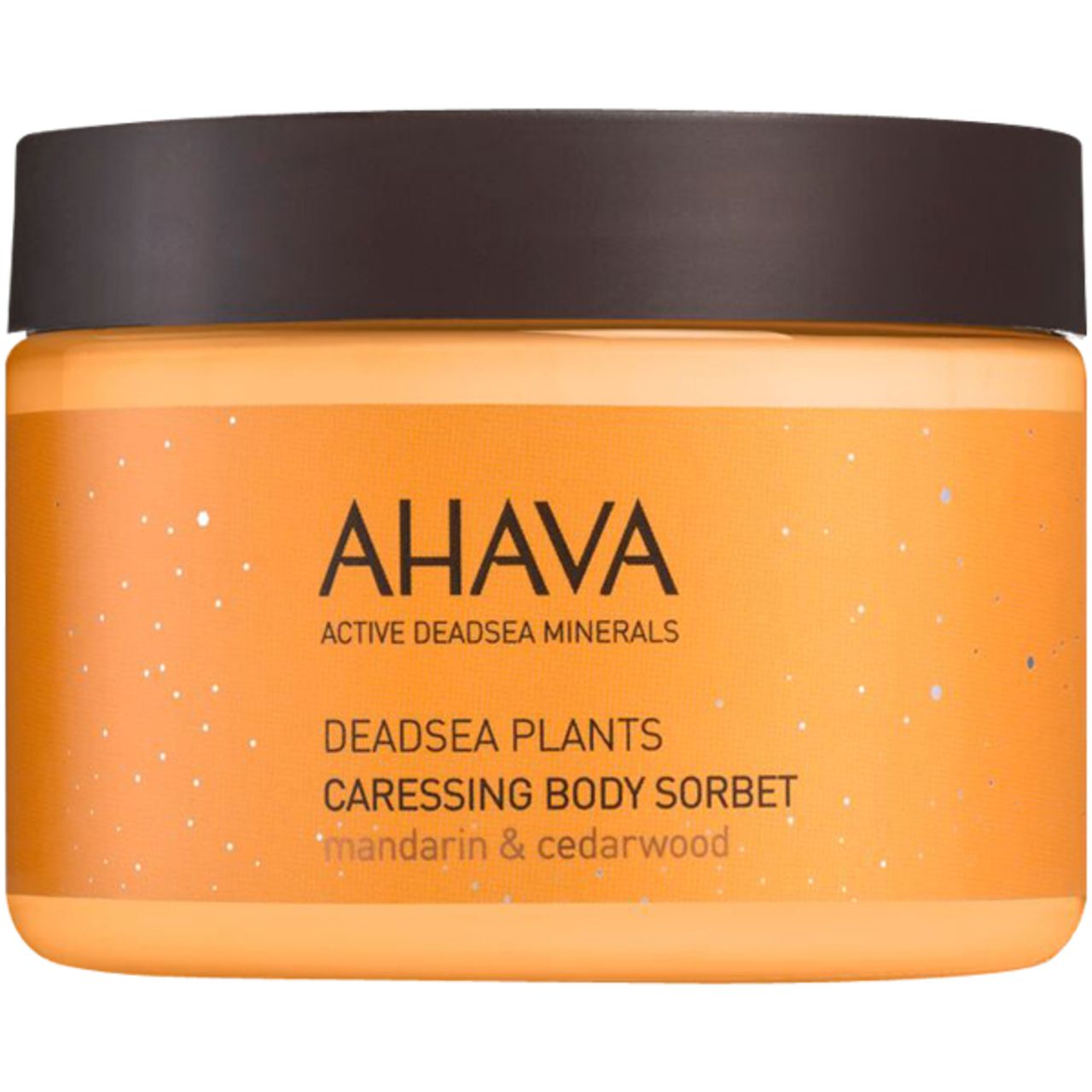 AHAVA Caressing Body Sorbet-Behälter. Brauner Deckel, gelbes Etikett mit Produktnamen und Schriftzug.