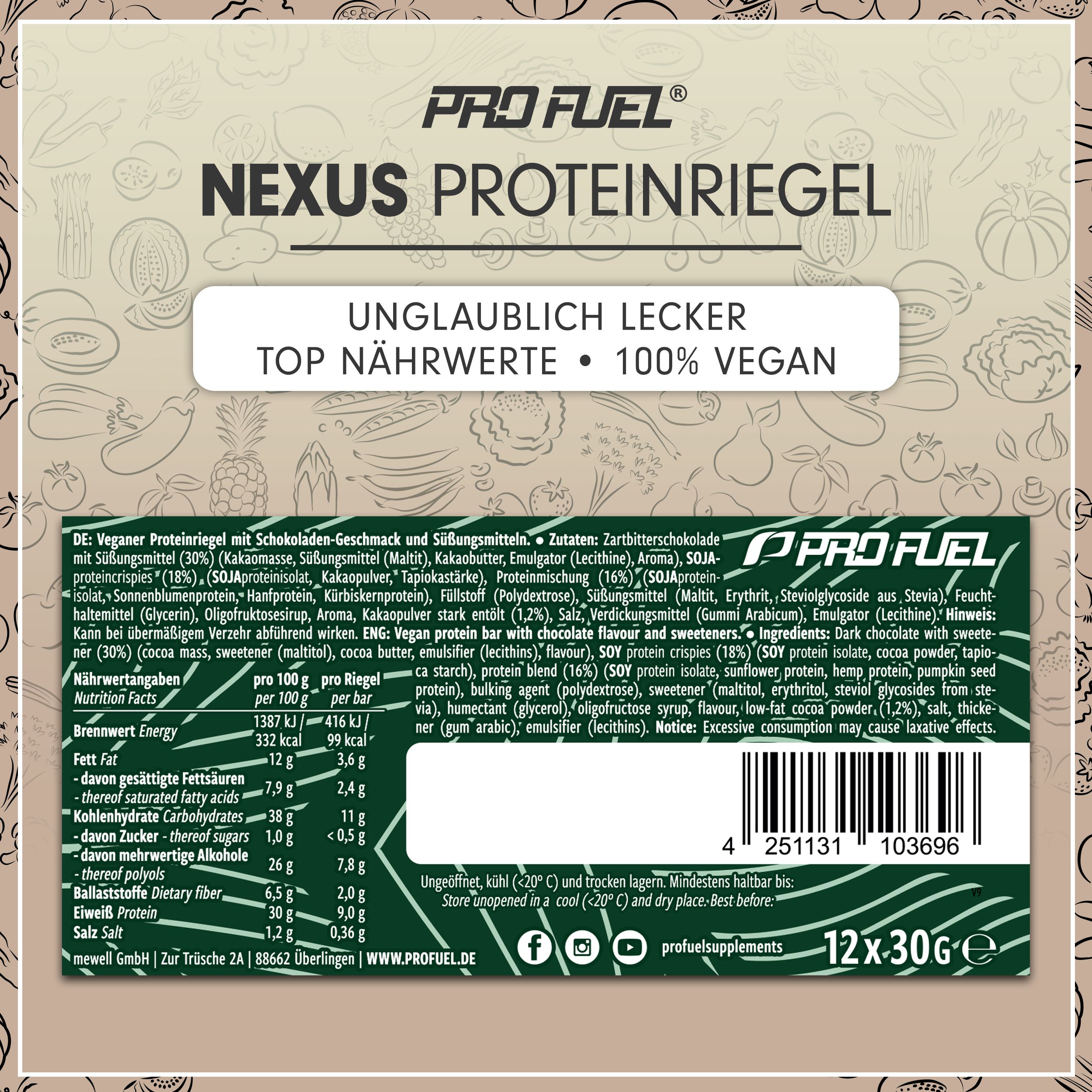 Nexus Proteinriegel: Schoko-Crispy, vegan, 30% Protein, Low Sugar, 12x30g.