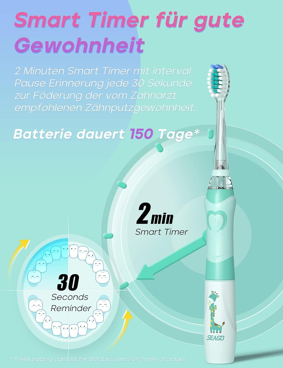 Elektrische Zahnbürste für Kinder mit 2-Minuten-Timer und 30-Sekunden-Erinnerung. Batterie hält 150 Tage.