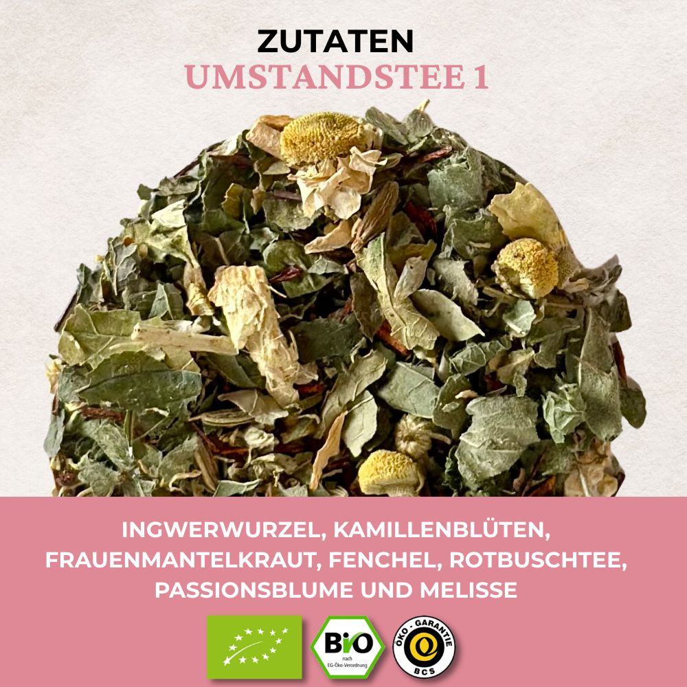 Tee-Mischung mit Zutaten wie Ingwerwurzel, Kamillenblüten und Melisse. Bio-Zertifizierung. Rosa Textfeld mit Zutatenliste.