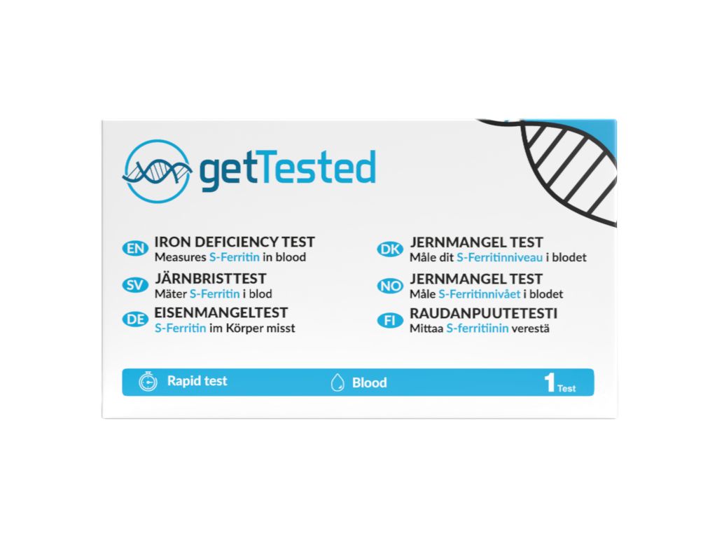 Verpackung des GetTested Eisenmangeltests. Enthält Informationen in mehreren Sprachen. Zeigt das Logo und die Bezeichnung 'IRON DEFICIENCY TEST'.