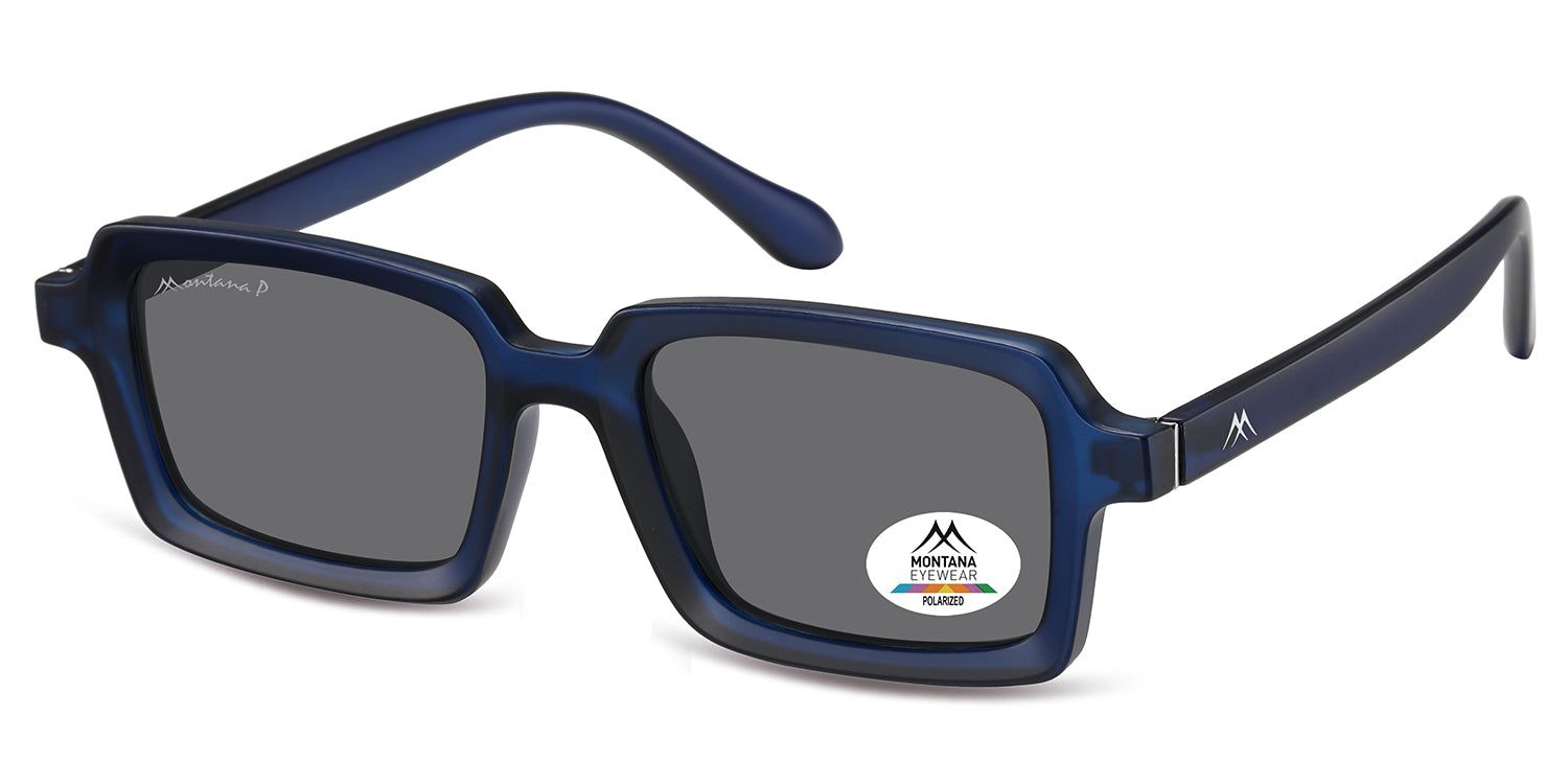 Blaue Sonnenbrille, rechteckige Gläser, Logo 'Montana Eyewear' auf dem Glas. Polarisierte Gläser. Bügel mit Logo.