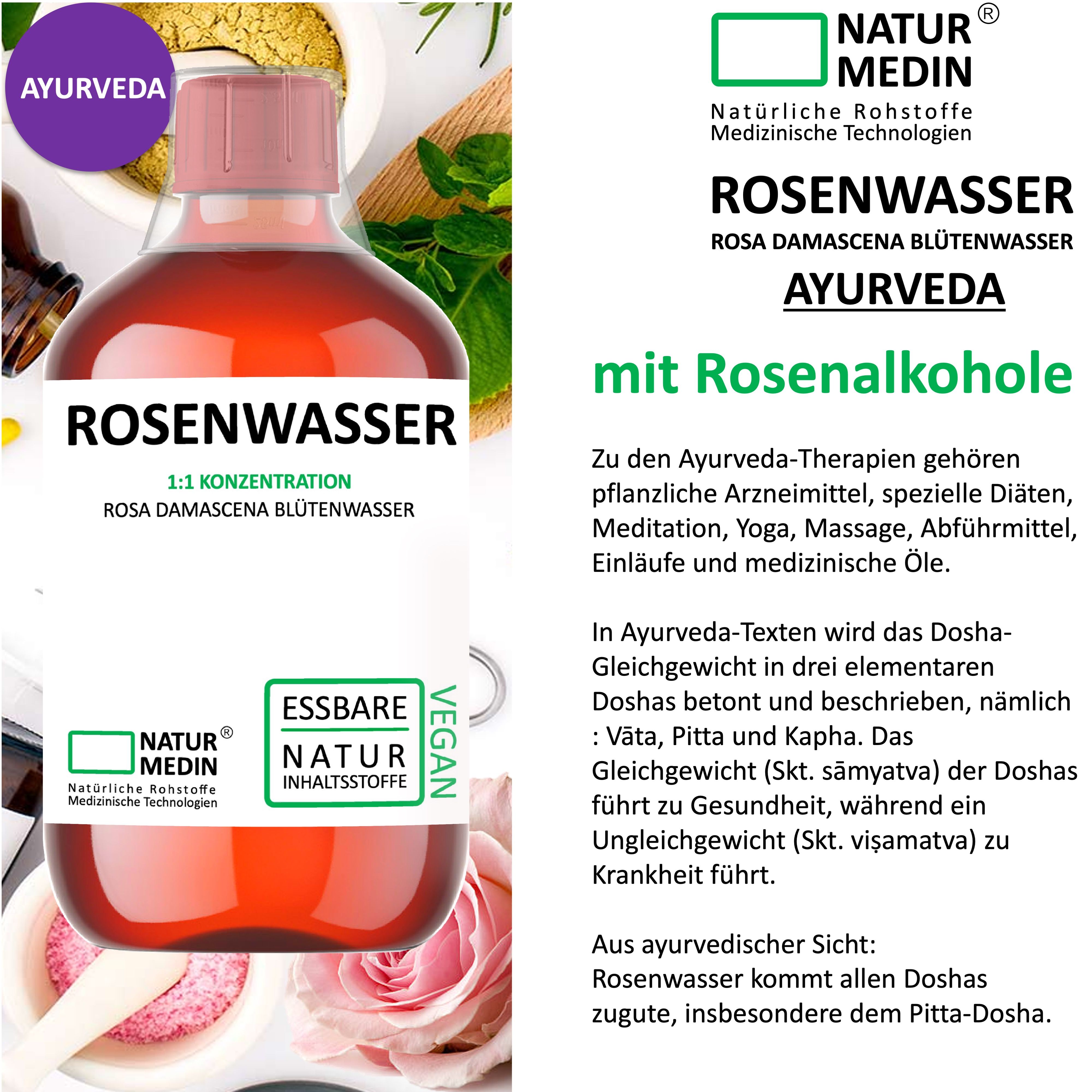 Flasche ROSENWASSER mit Text. Beschriftung: ROSENWASSER, 1:1 Konzentration, NATURMEDIN, VEGAN. Text über Ayurveda.