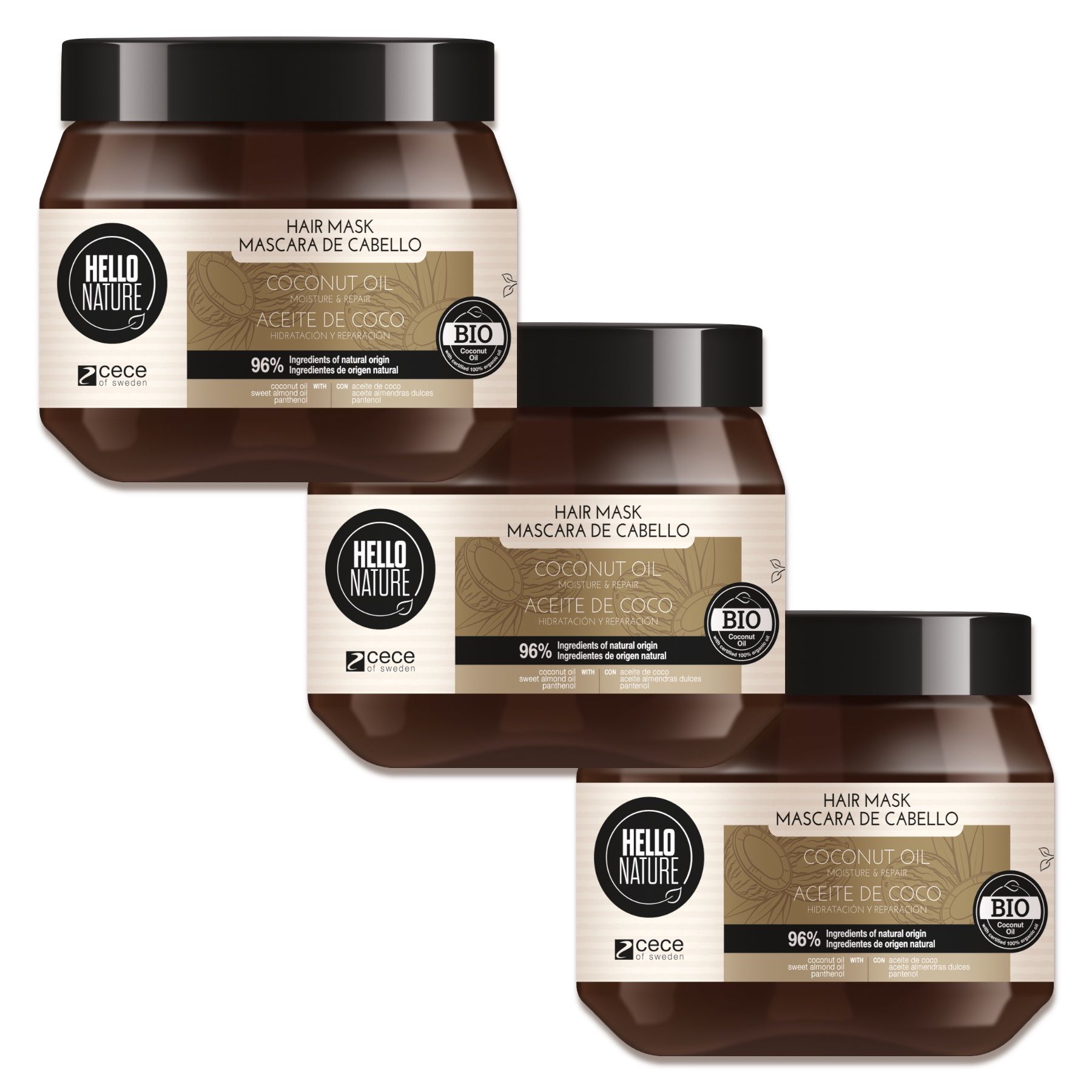 Drei braune Tiegel mit schwarzem Deckel. Aufschrift: Hair Mask, Mascara de Cabello, Kokosöl, Bio-Zertifizierung. Produkt nebeneinander.