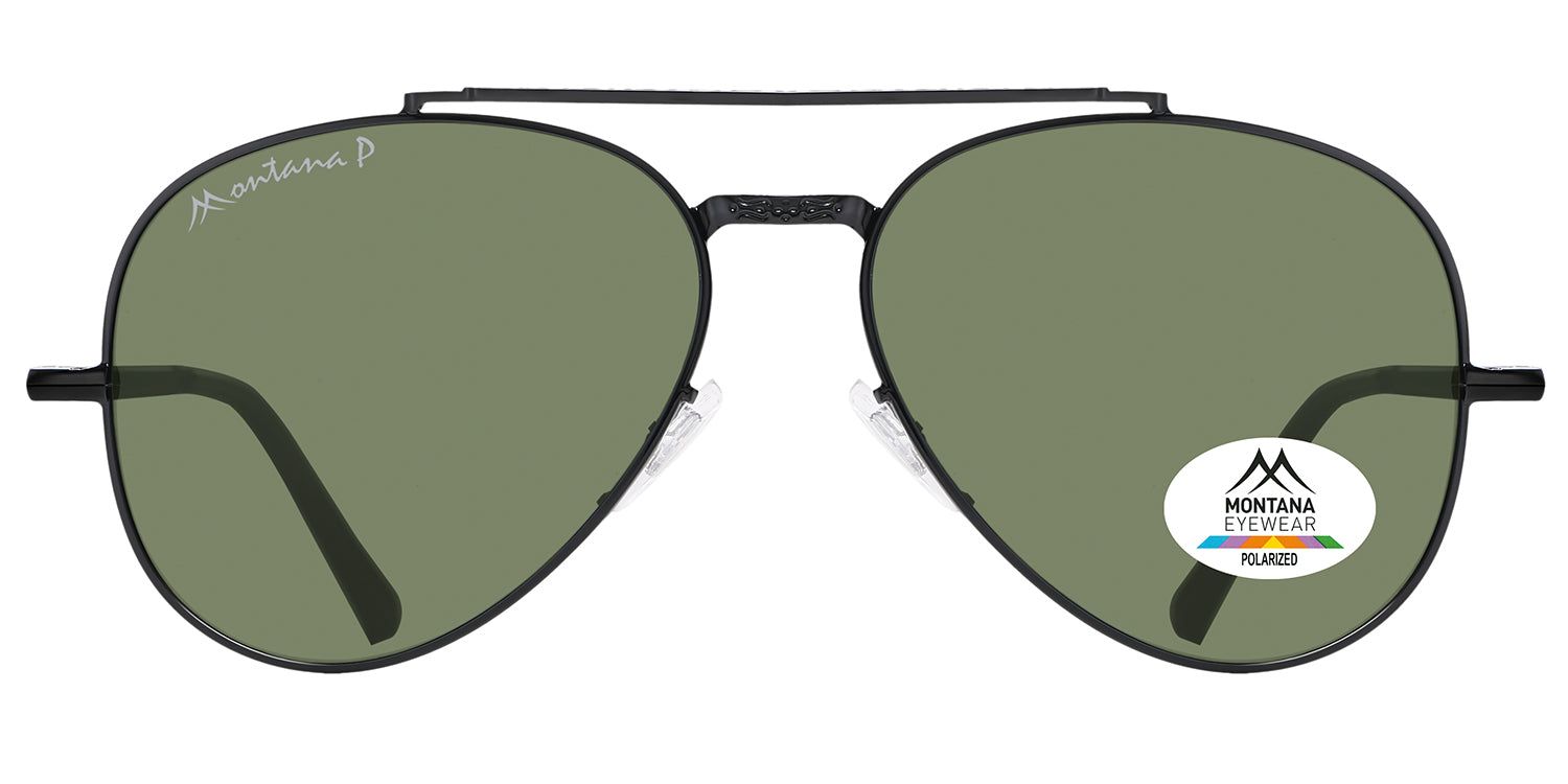 Schwarze Sonnenbrille mit grünen Gläsern. Montana Eyewear Logo und Polarized-Aufkleber. Aviator-Form.