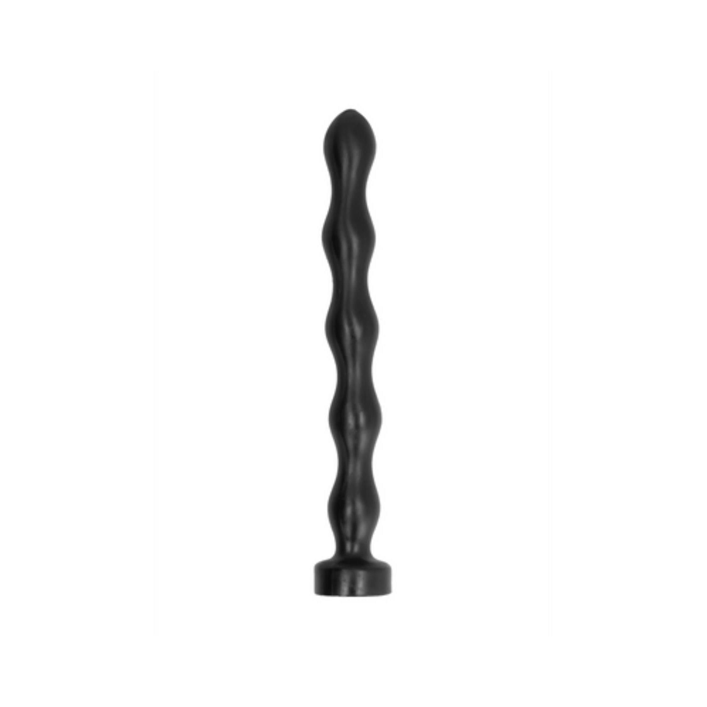 Schwarzer Anal-Dildo mit stufenförmigem Design. Längliche Form mit abgerundeter Spitze und breiter Basis. Glatte Oberfläche.