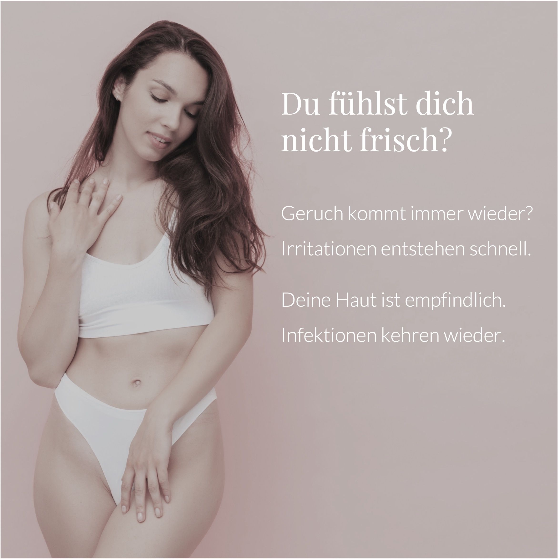 Frau in Unterwäsche. Text. Vegan- und Bio-Siegel.