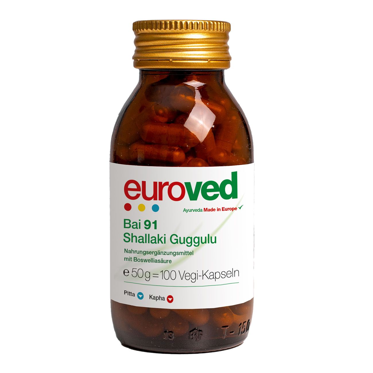 Braune Glasflasche mit goldenem Deckel und weißem Etikett. Aufschrift: euroved Bai 91 Shallaki Guggulu.