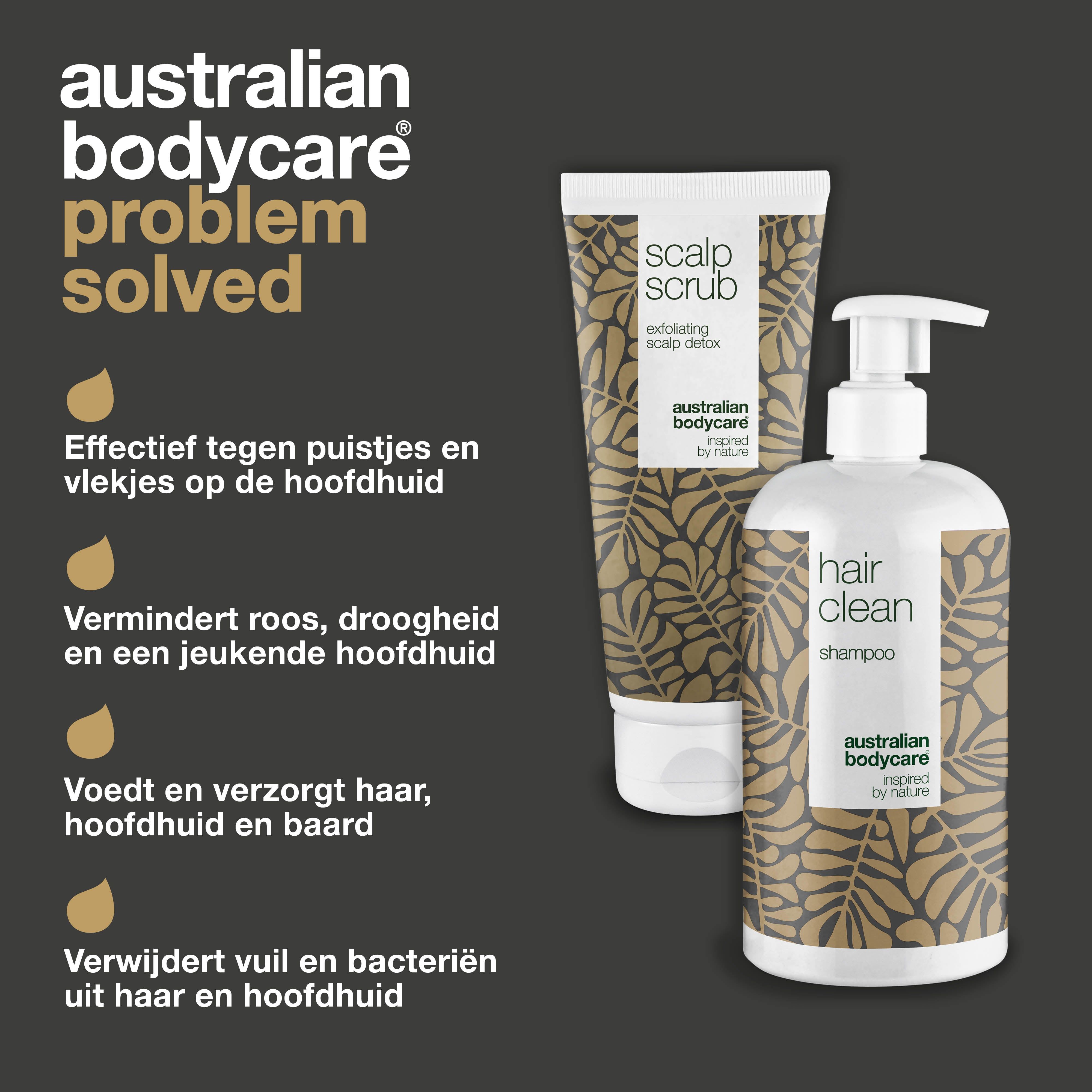 Shampoo en scrub. Tekst: Effectief tegen puistjes, vermindert roos, reinigt. Opschriften: Hair Clean, Scalp Scrub.