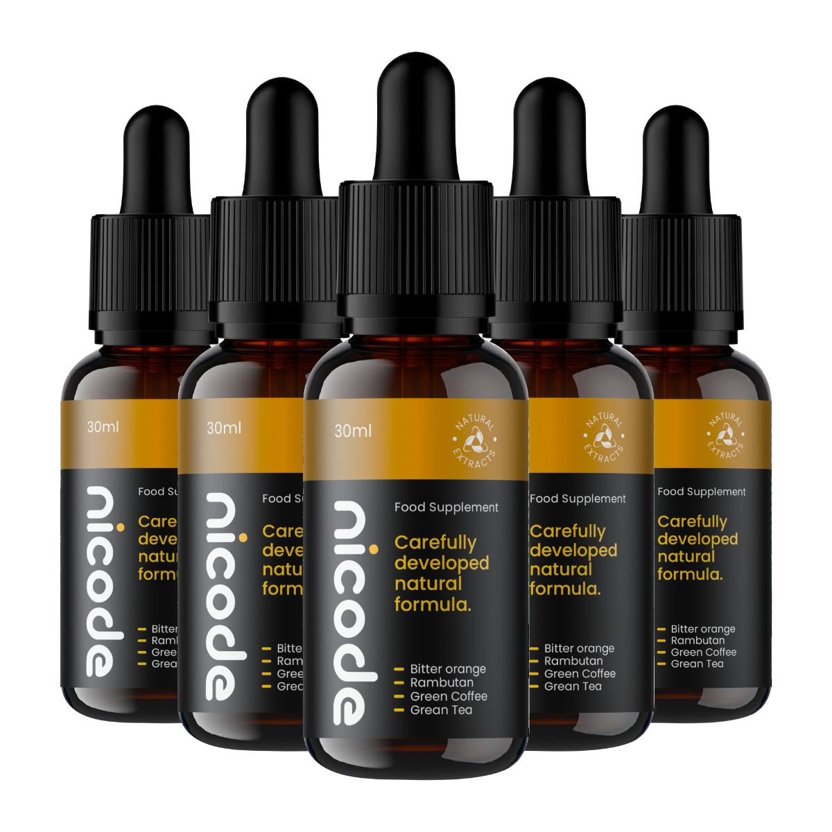 Fünf braune Glasflaschen mit schwarzen Pipetten. Aufschrift: Nicode, 30 ml, Food Supplement, Carefully developed natural formula. Enthält Bitterorange, Rambutan, Grüner Kaffee, Grüner Tee.