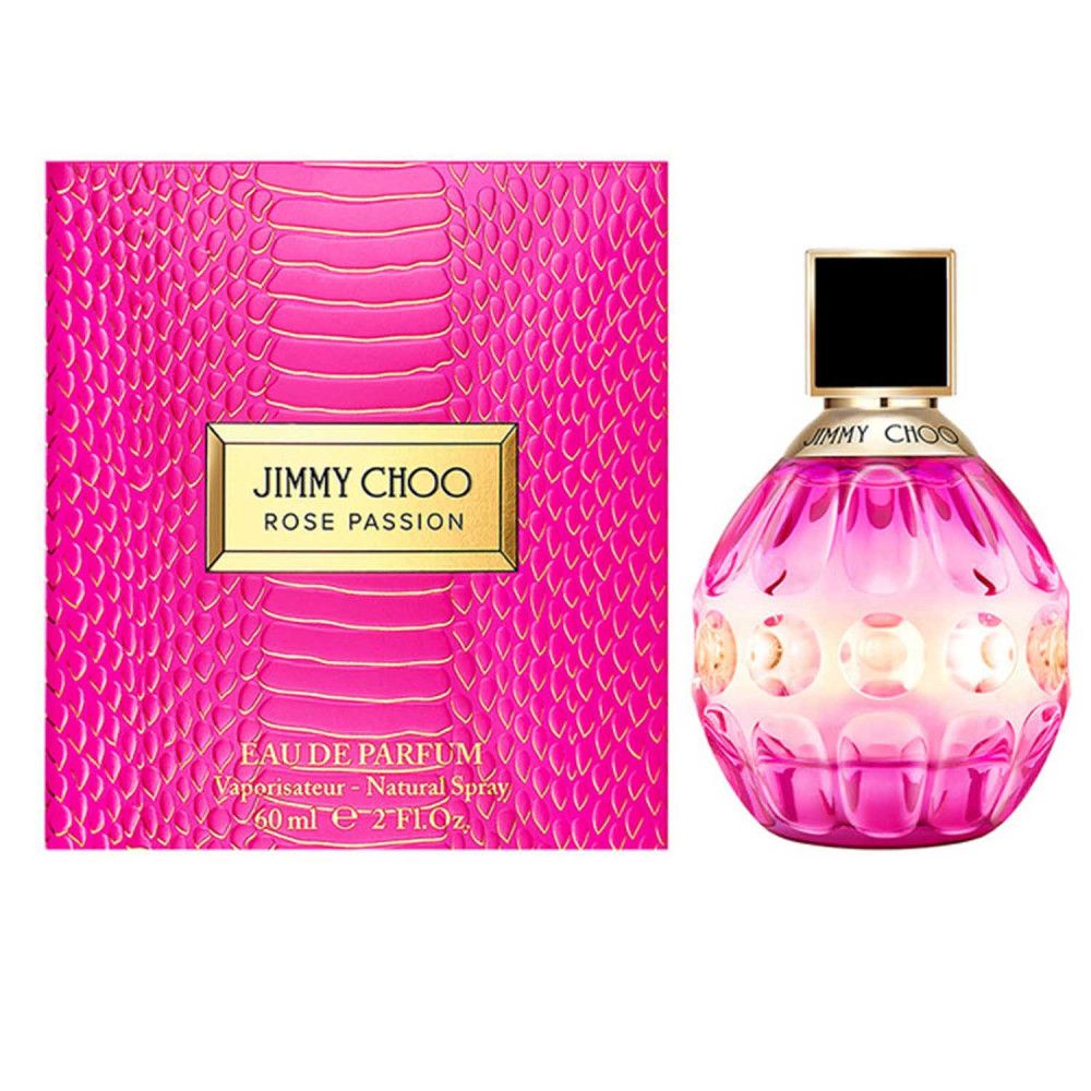 Rosa Jimmy Choo Rose Passion Flakon und Verpackung. Flakon rund, rosa, mit schwarzem Deckel. Verpackung rosa mit Schlangenmuster.