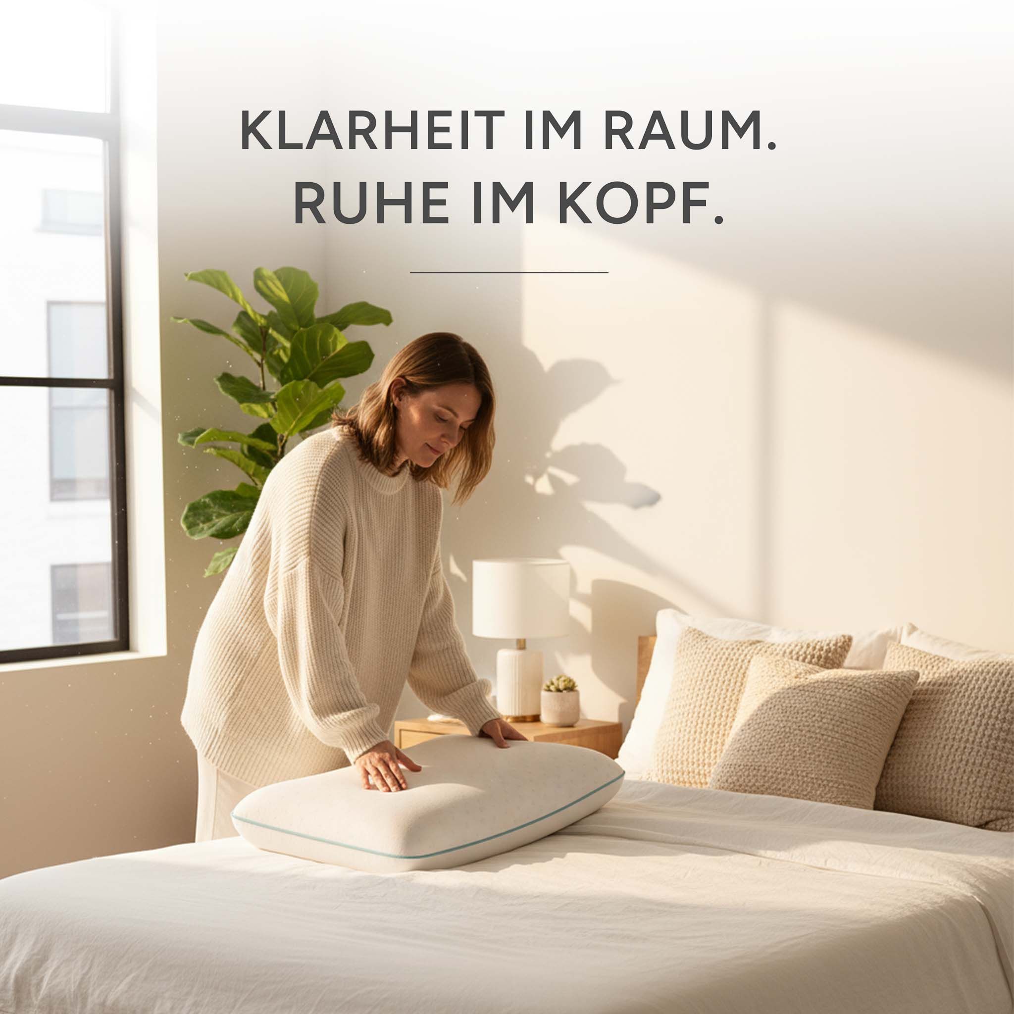Frau legt Kissen auf Bett. Kissen weiß mit hellblauer Umrandung. Text: Klarheit im Raum. Ruhe im Kopf.