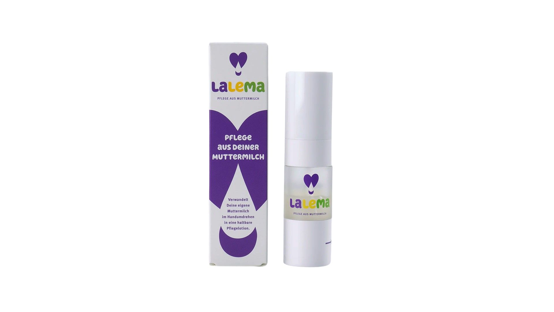 Produktverpackung und Flasche. Auf der Verpackung steht "LaLeMa" und "Pflege aus deiner Muttermilch". Die Flasche hat einen weißen Körper und einen grünen Aufkleber.