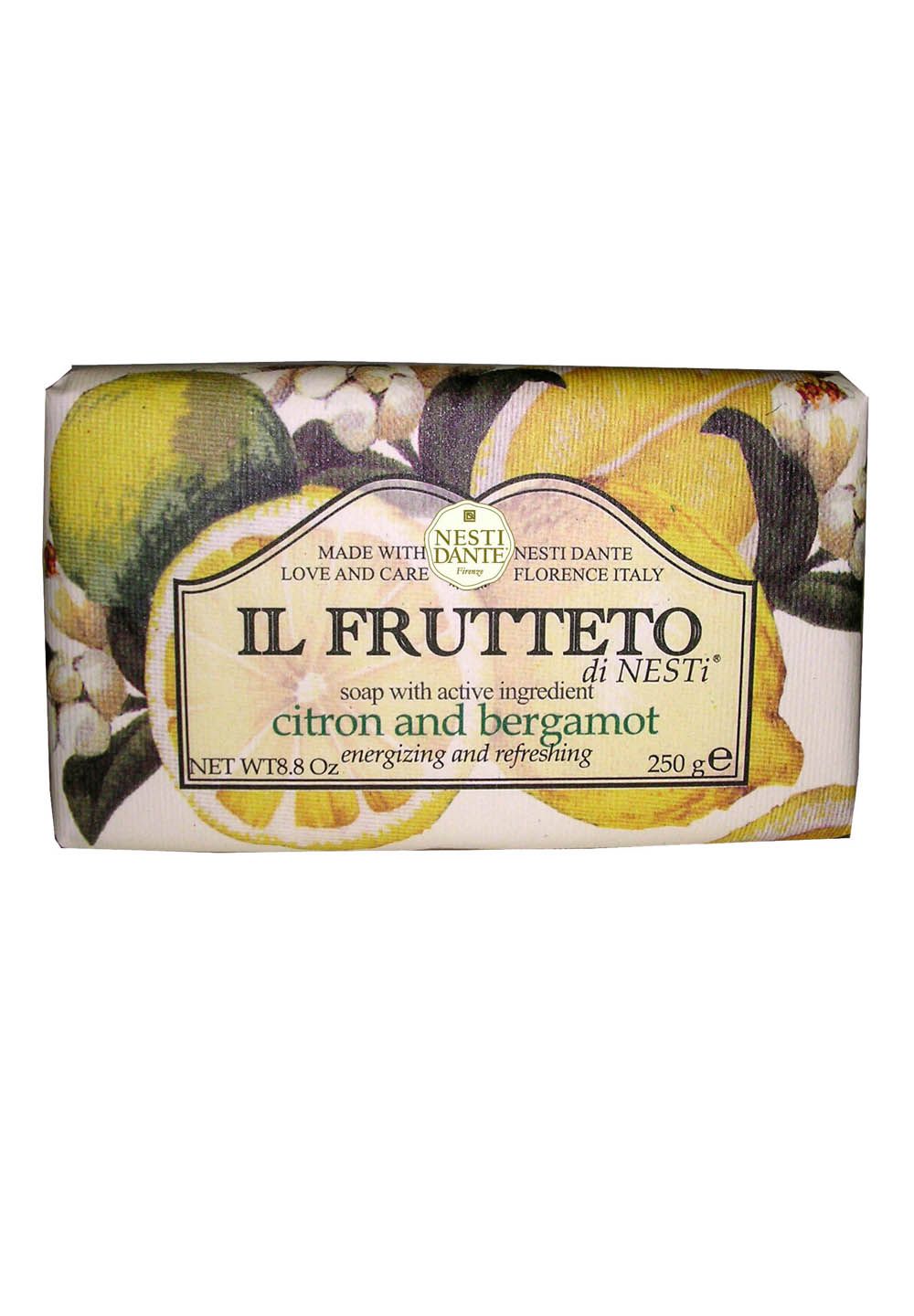 Nesti Dante Il Frutteto Citron & Bergamotte Seife, 250g. Verpackung mit Zitronen- und Bergamottenmotiv.