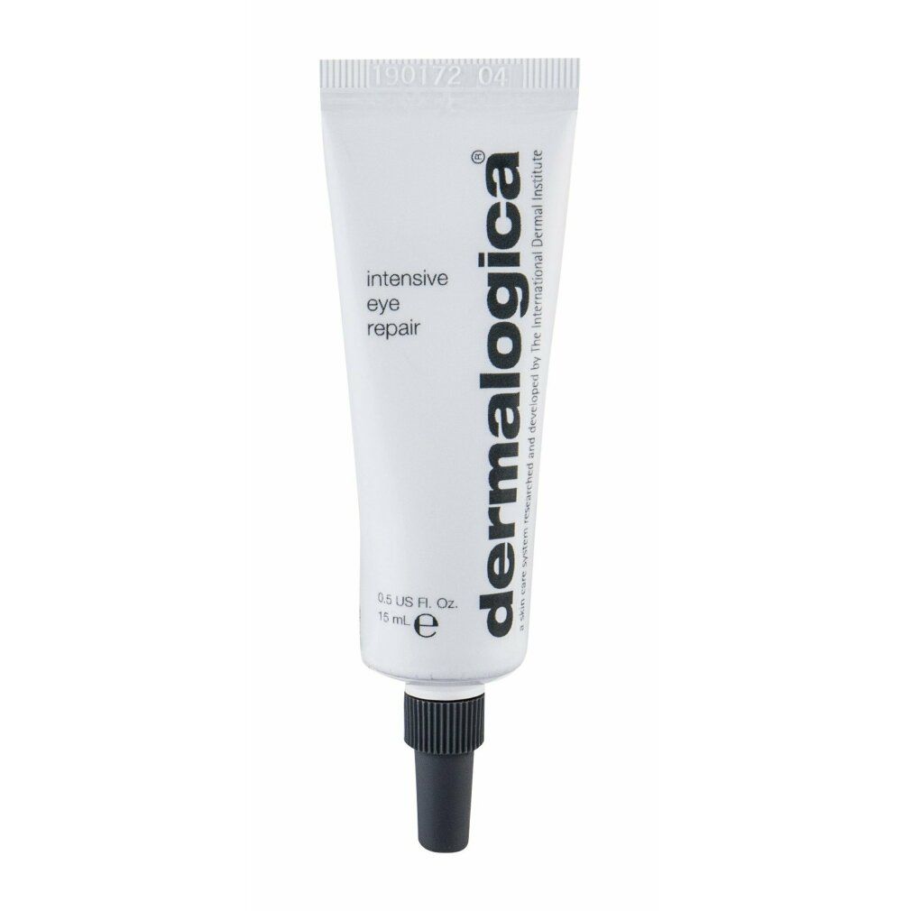 Weiße Tube mit schwarzem Verschluss. Produktname: intensive eye repair. Marke: dermalogica. Text: 0.5 US FL OZ / 15 mL e.