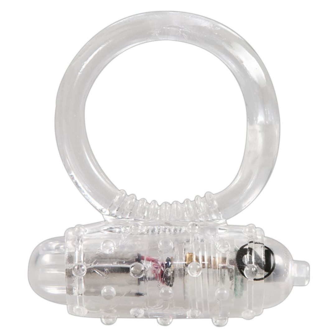 Transparenter Penisring mit Vibrationsfunktion. Ring und Vibrationsaufsatz mit Noppen.